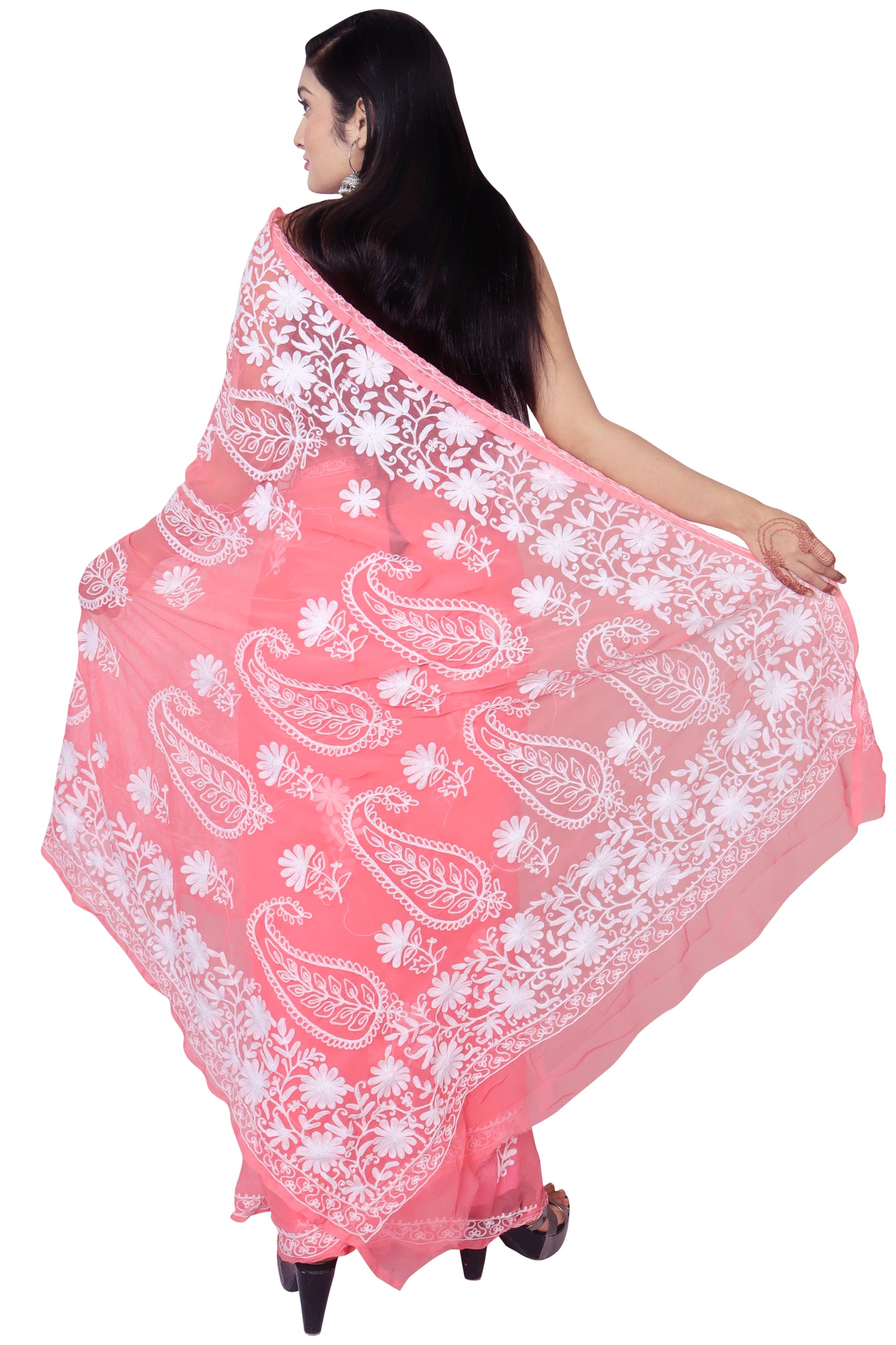 LUCKNOWI CHIKANKARI AARI WORK PALLU SAREE