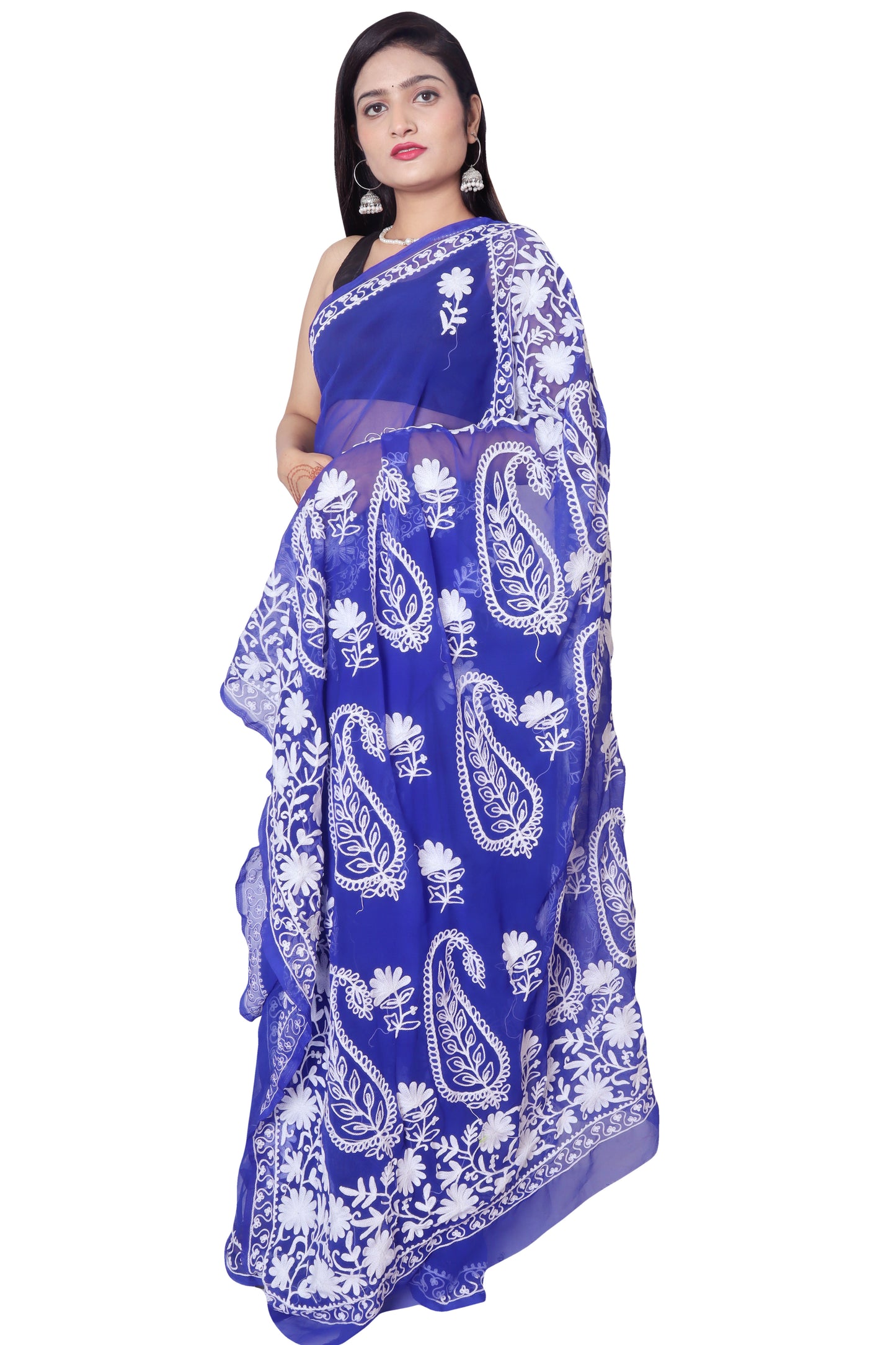 LUCKNOWI CHIKANKARI AARI WORK PALLU SAREE