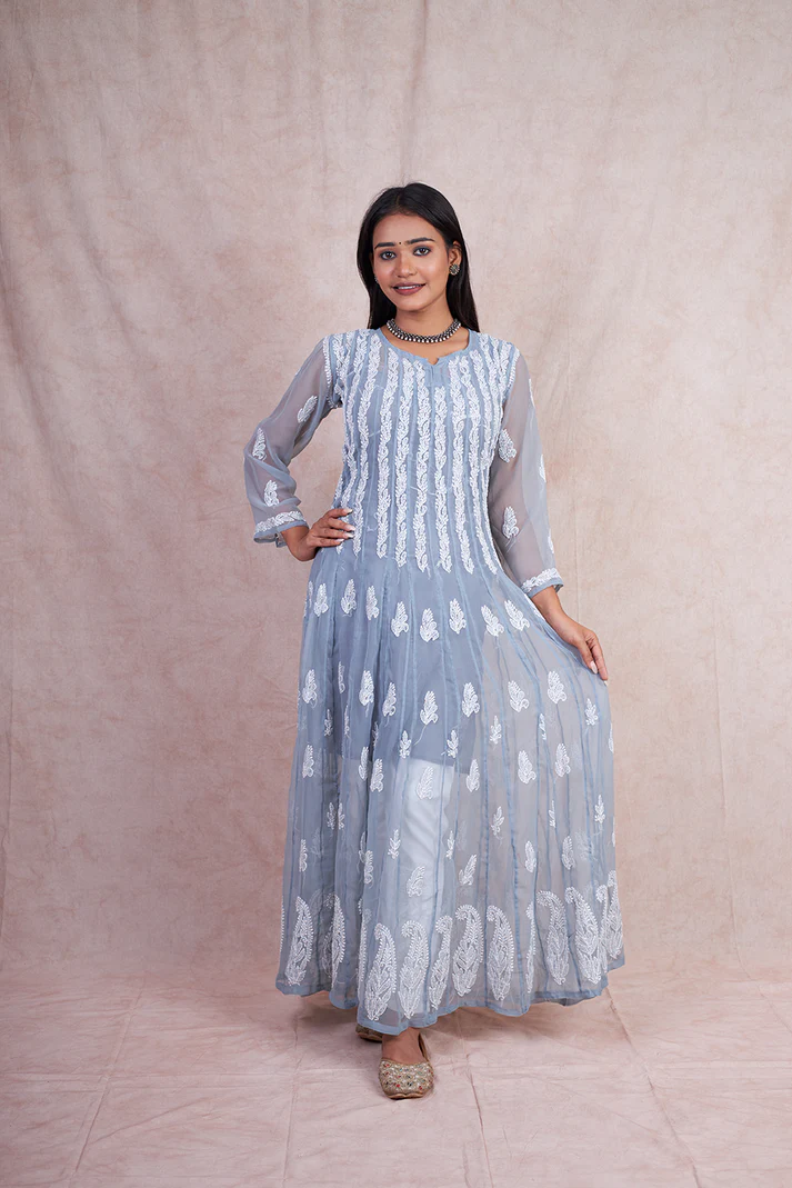 "ADR Chikankari Hand Embroidered Lucknowi Georgette 56 Kali Anarkali Kurti for Girls & Women"