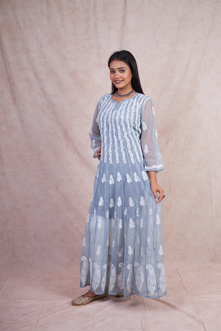 "ADR Chikankari Hand Embroidered Lucknowi Georgette 56 Kali Anarkali Kurti for Girls & Women"