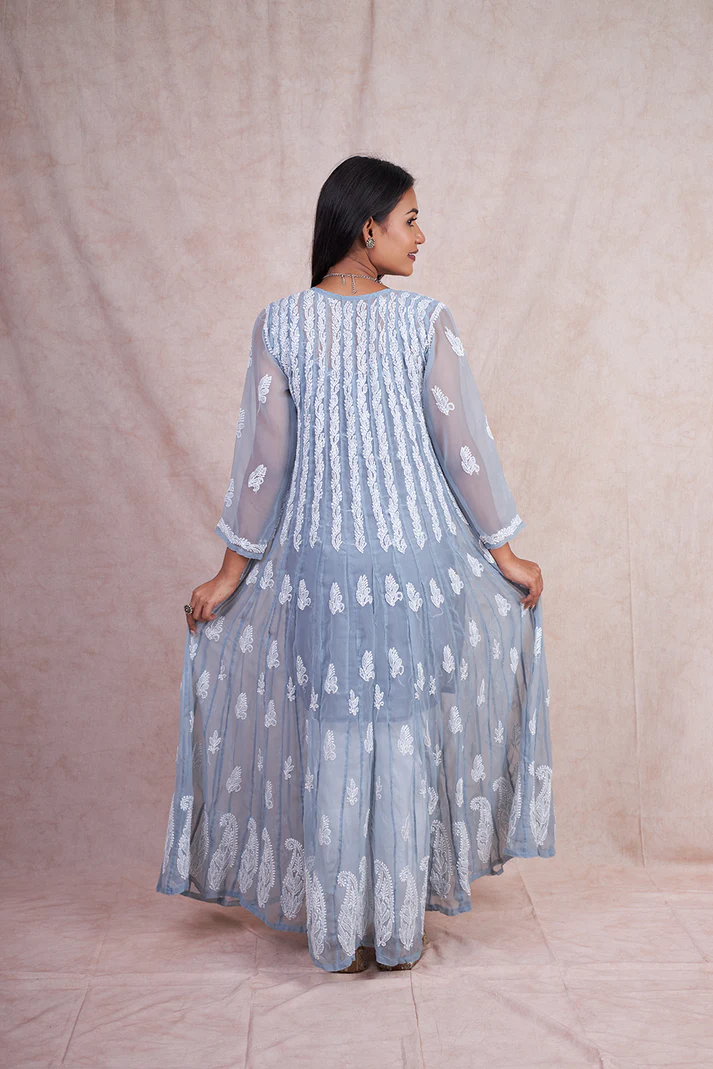 "ADR Chikankari Hand Embroidered Lucknowi Georgette 56 Kali Anarkali Kurti for Girls & Women"
