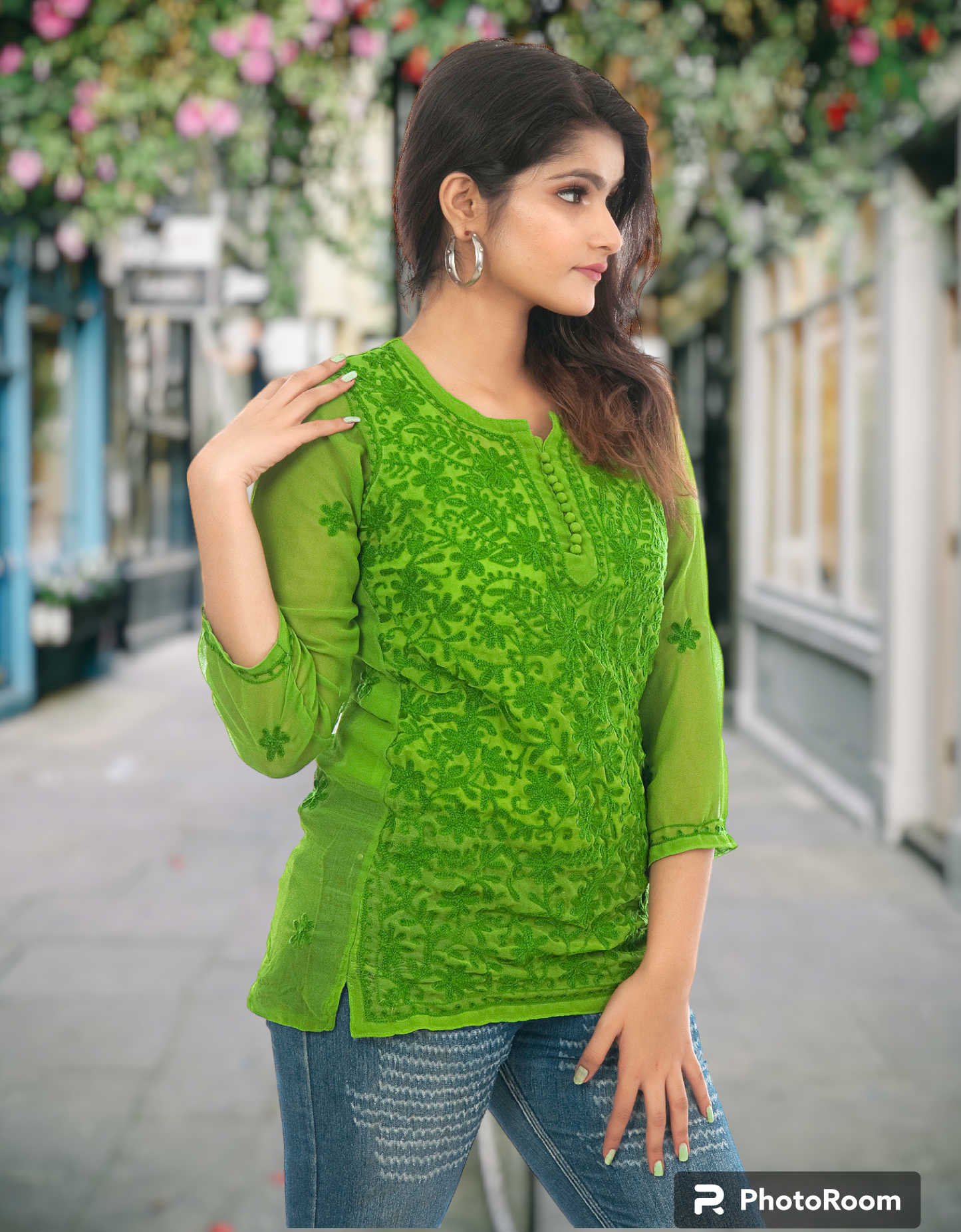 Lucknowi Chikankari Work Short Top Green Kurta For Girls & Women's