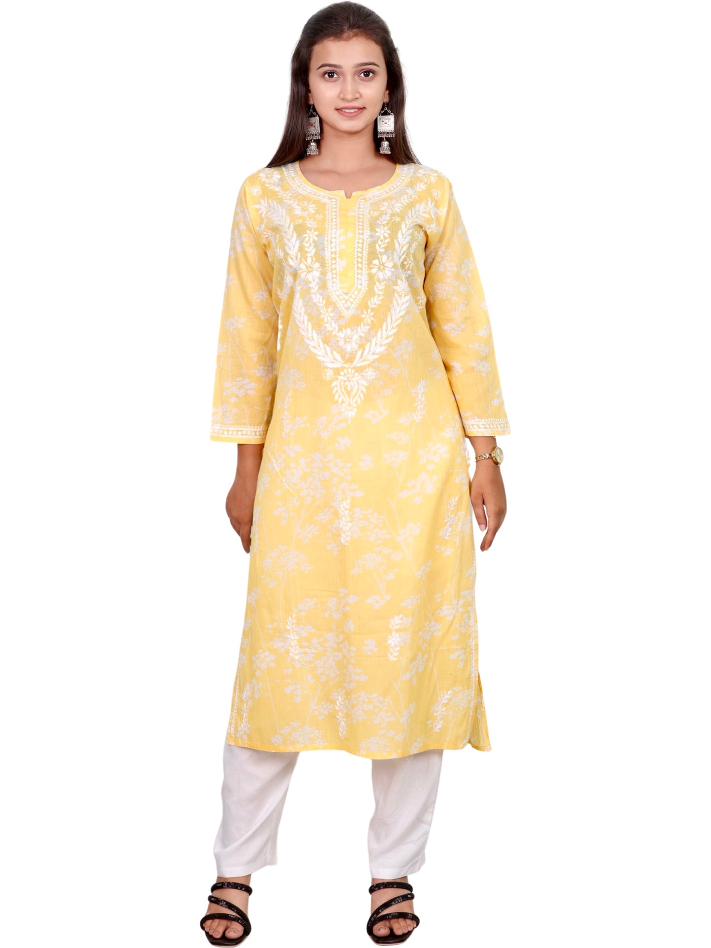 Mul Mul Cotton Chikankari Handwork Long Kurti For Women (Color Chart)
