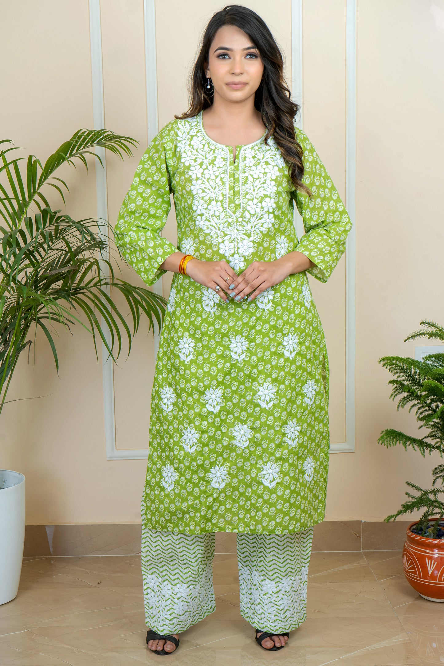Lucknowi Chikankari Cotton Printed Long Kurti with Palazzo Set by ADR Chikan