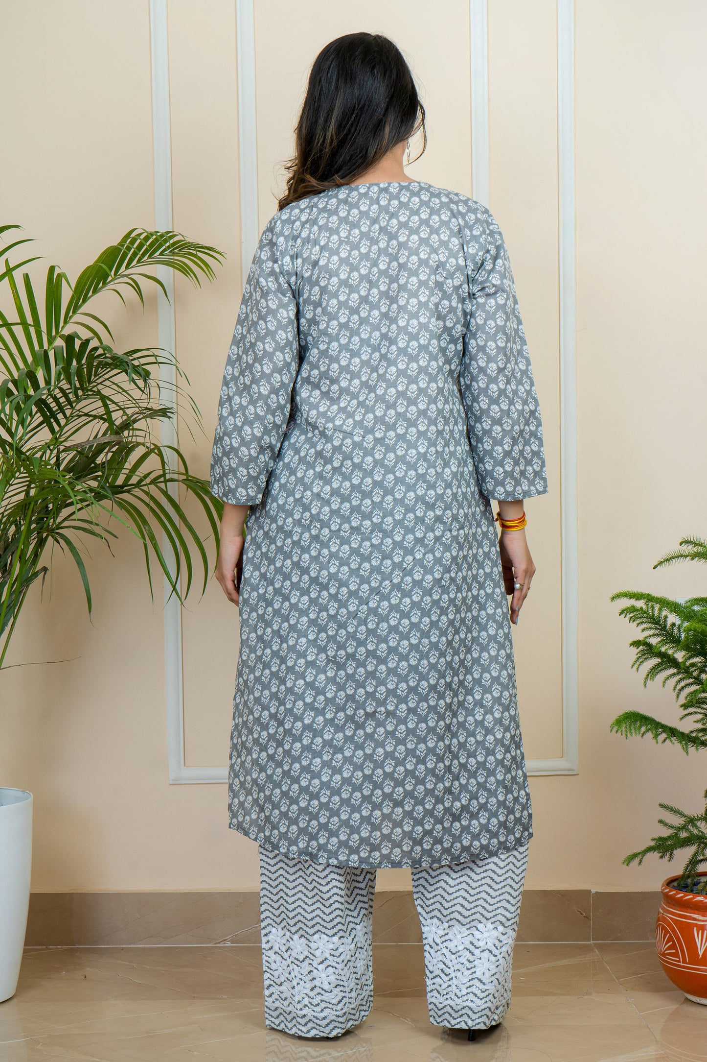 Lucknowi Chikankari Cotton Printed Long Kurti with Palazzo Set by ADR Chikan