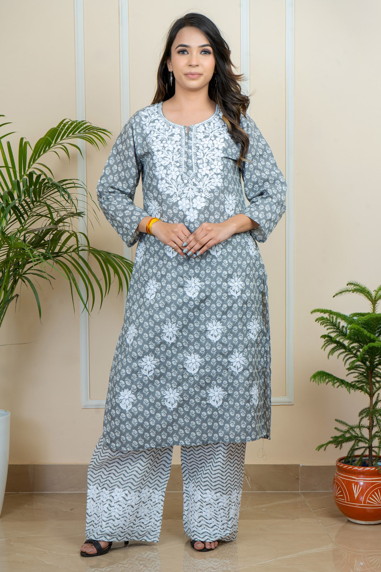 Lucknowi Chikankari Cotton Printed Long Kurti with Palazzo Set by ADR Chikan