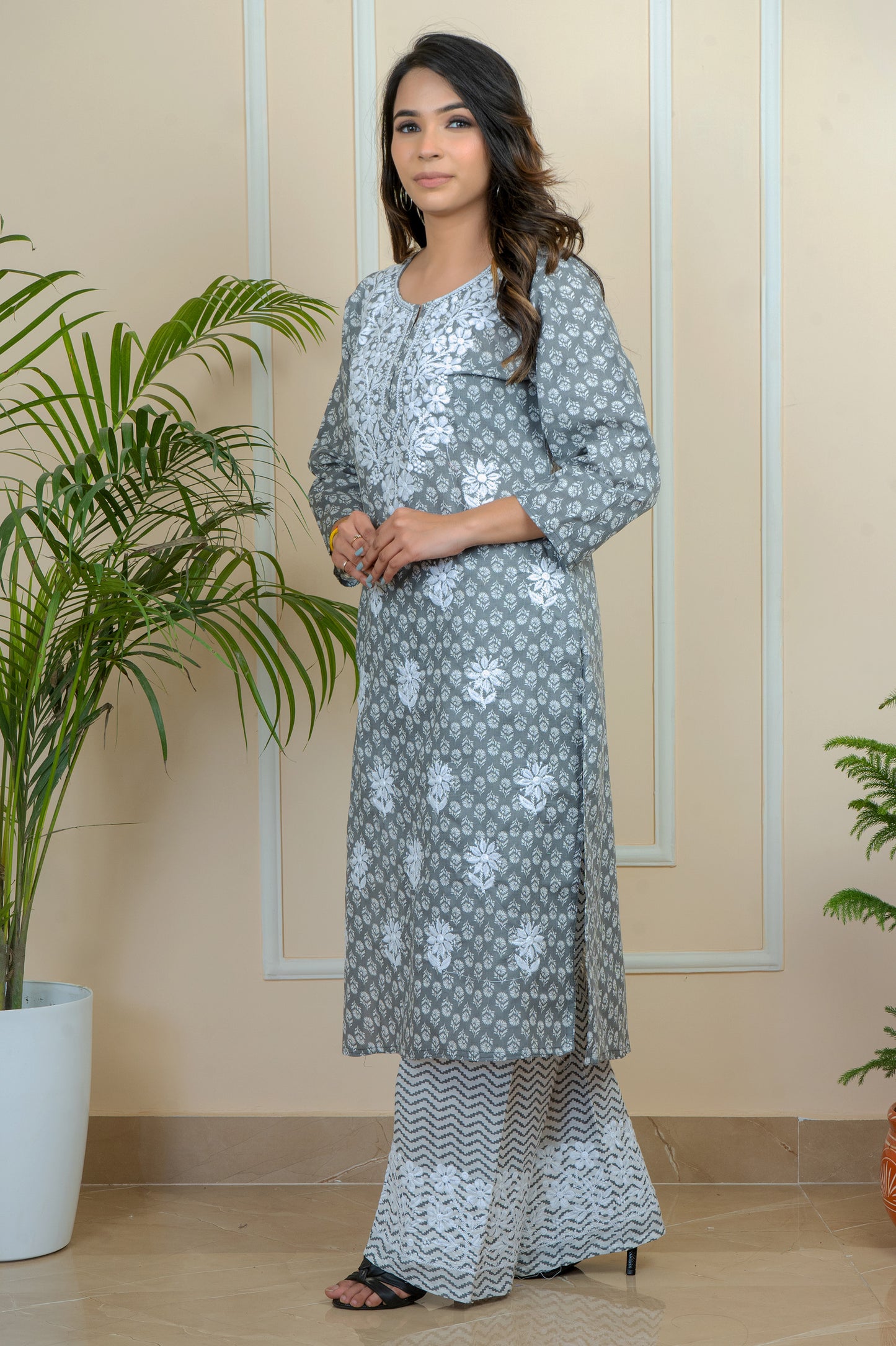 Lucknowi Chikankari Cotton Printed Long Kurti with Palazzo Set by ADR Chikan