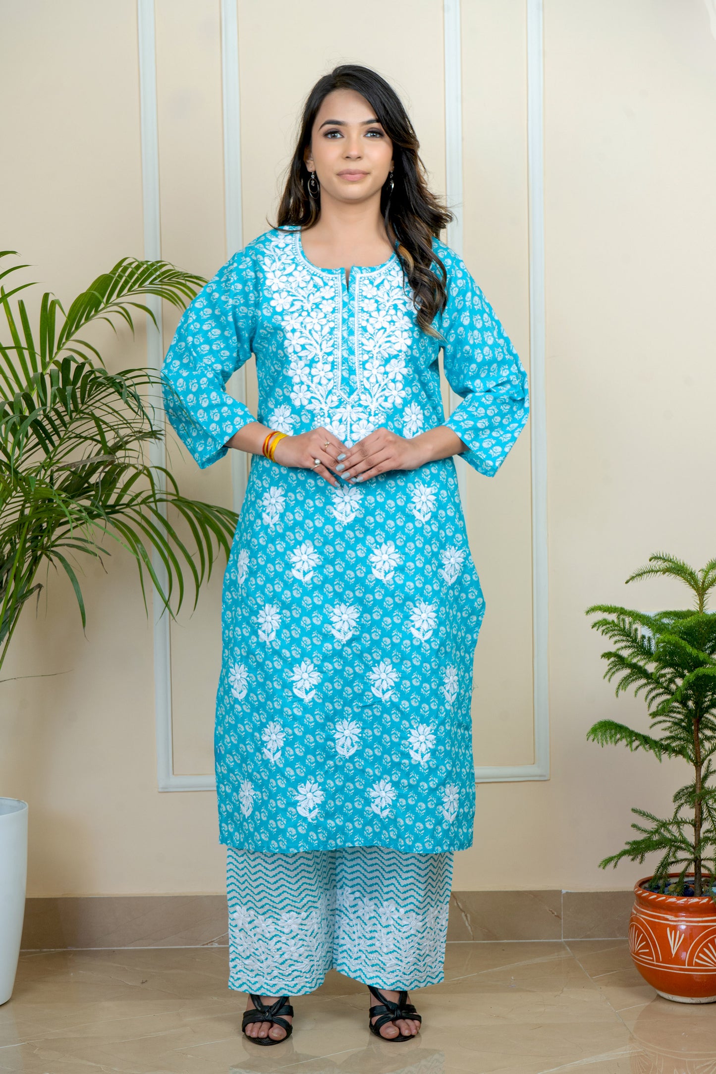Lucknowi Chikankari Cotton Printed Long Kurti with Palazzo Set by ADR Chikan