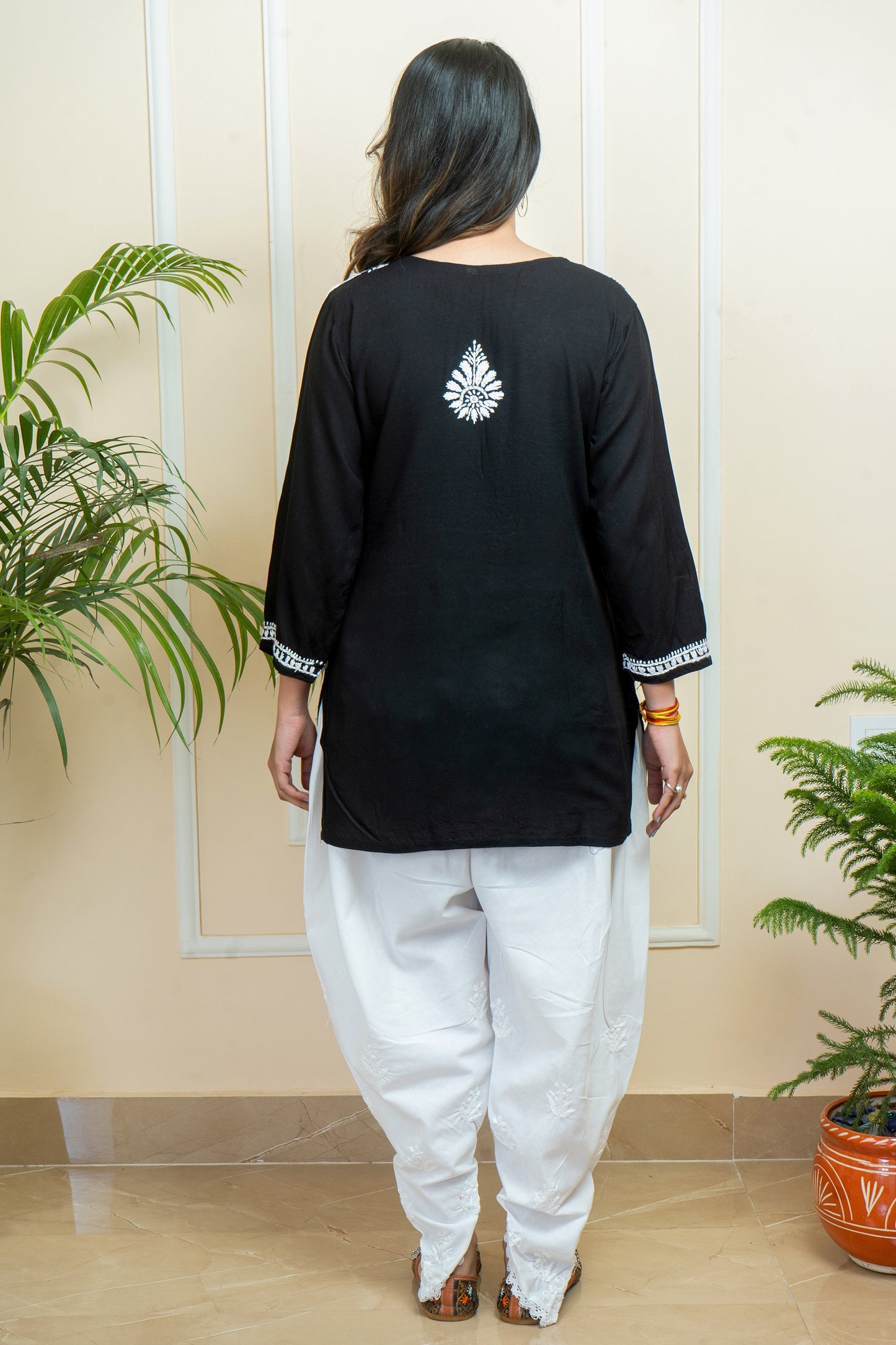 Lucknowi Chikankari Handwork Black Rayon Short Kurti by ADR Chikan