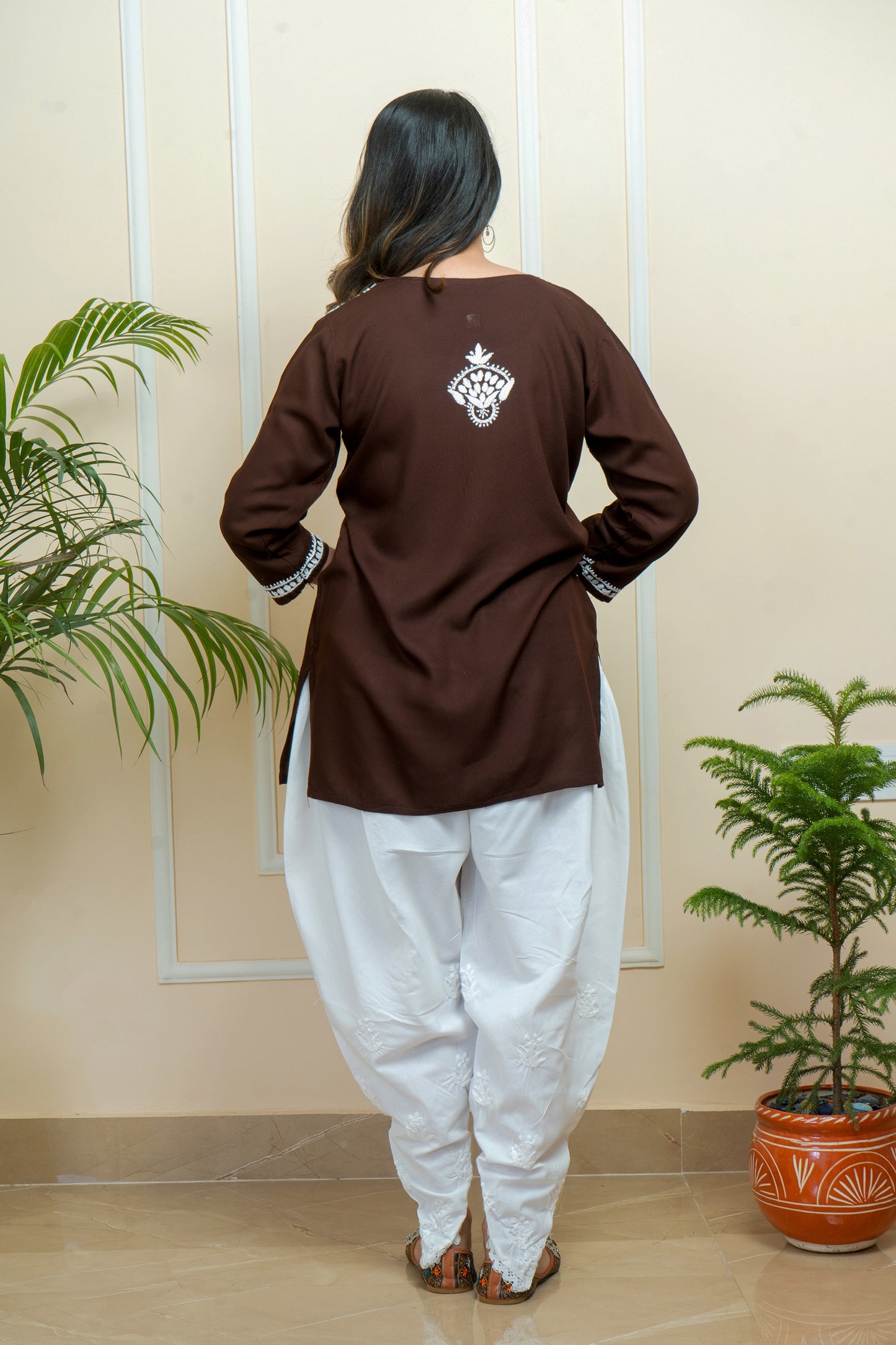 Lucknowi Chikankari Handwork Brown Rayon Short Kurti by ADR Chikan