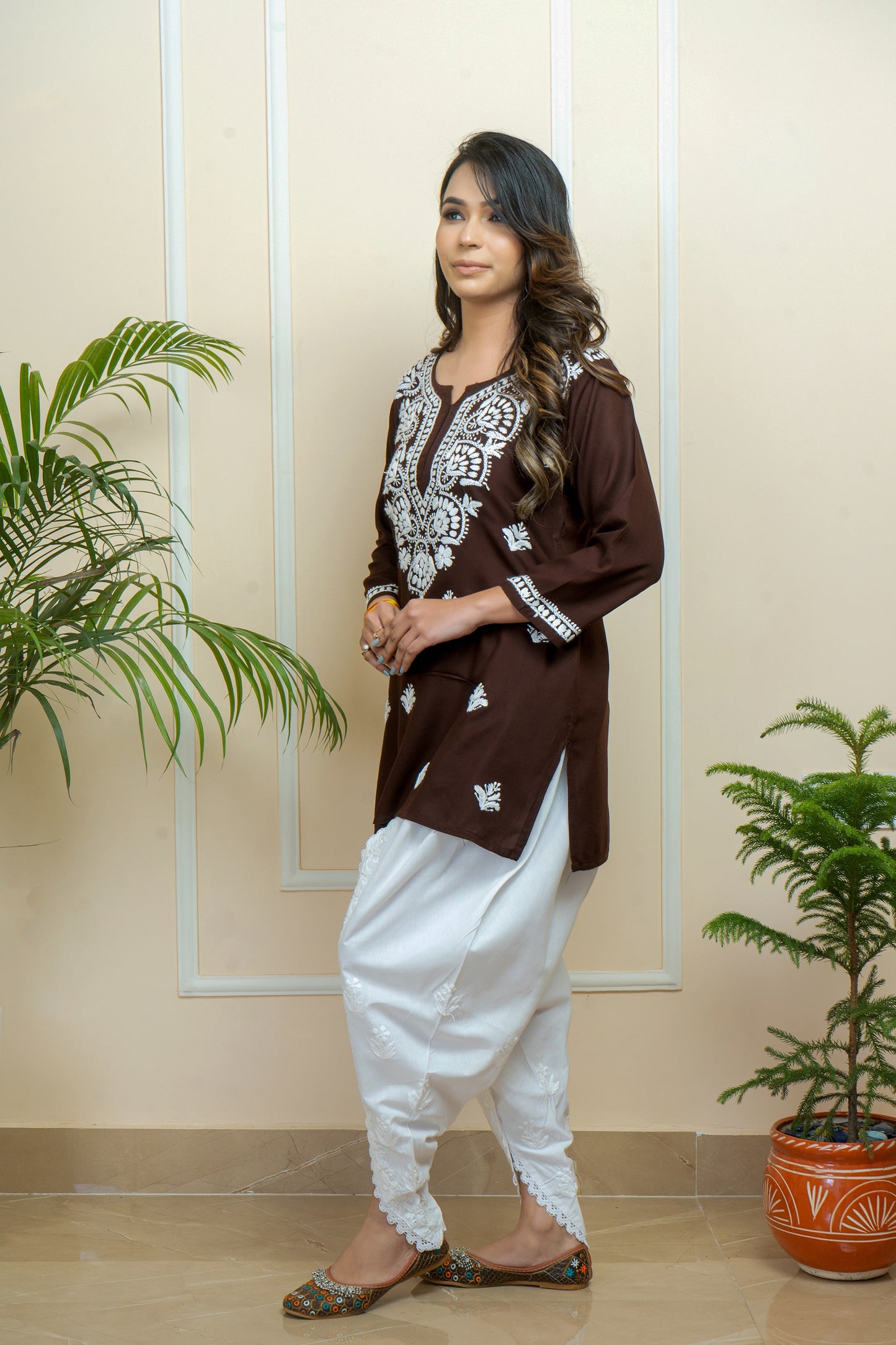 Lucknowi Chikankari Handwork Brown Rayon Short Kurti by ADR Chikan