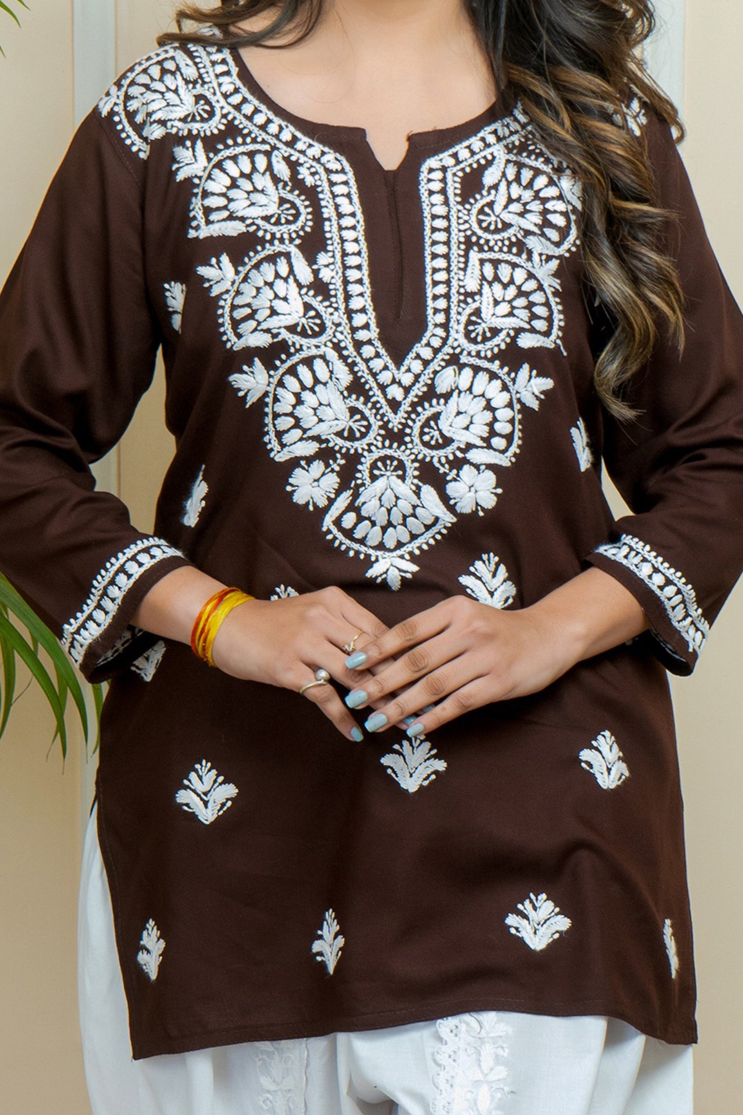 Lucknowi Chikankari Handwork Brown Rayon Short Kurti by ADR Chikan