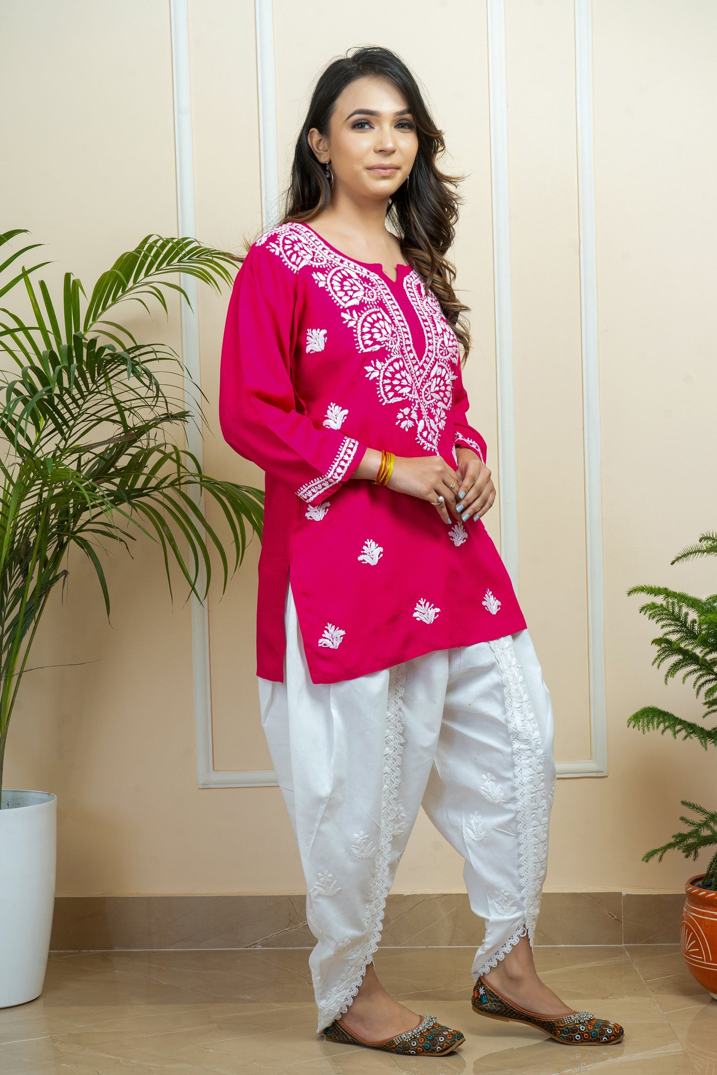 Lucknowi Chikankari Handwork Pink Rayon Short Kurti by ADR Chikan