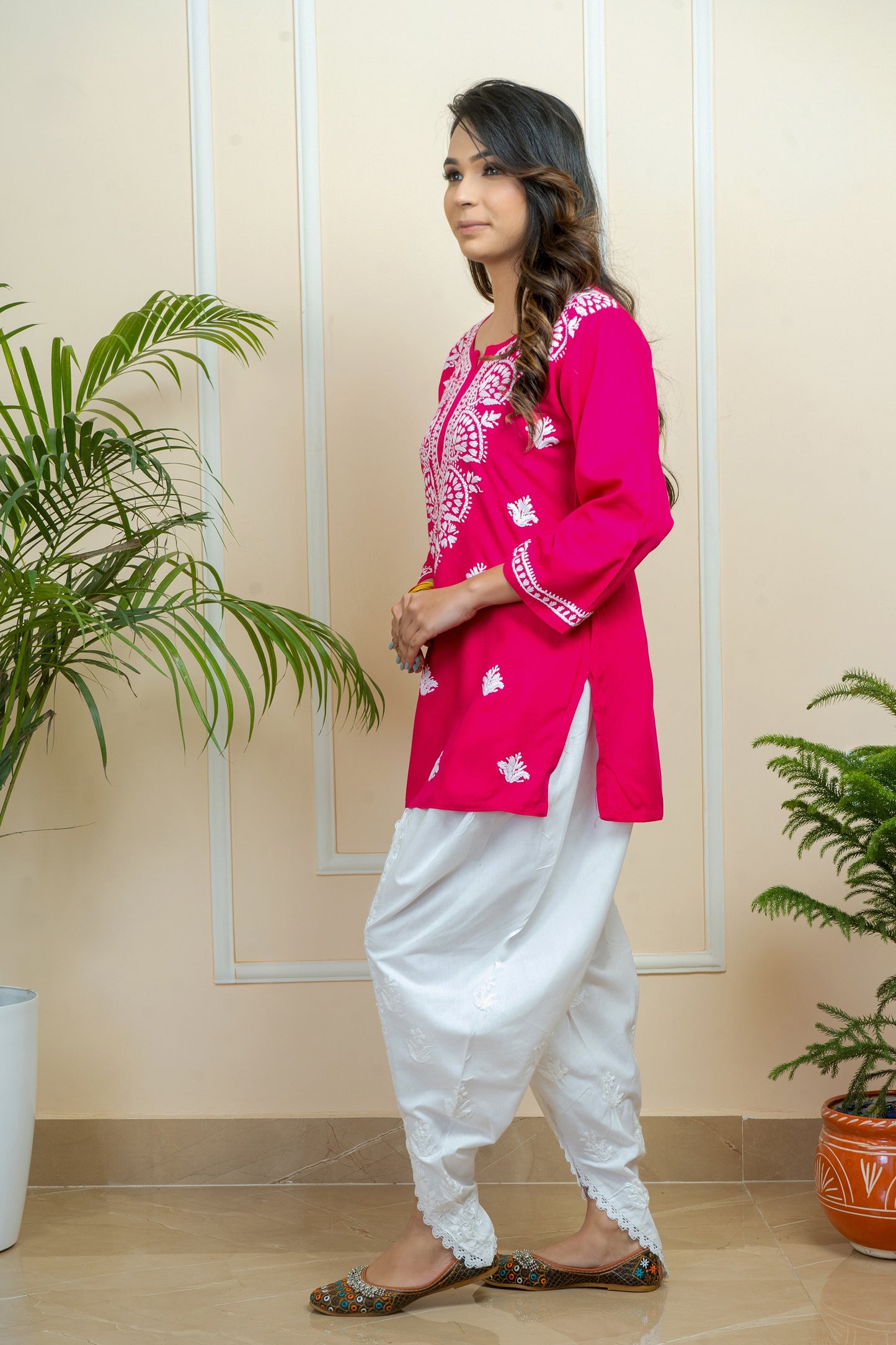 Lucknowi Chikankari Handwork Pink Rayon Short Kurti by ADR Chikan