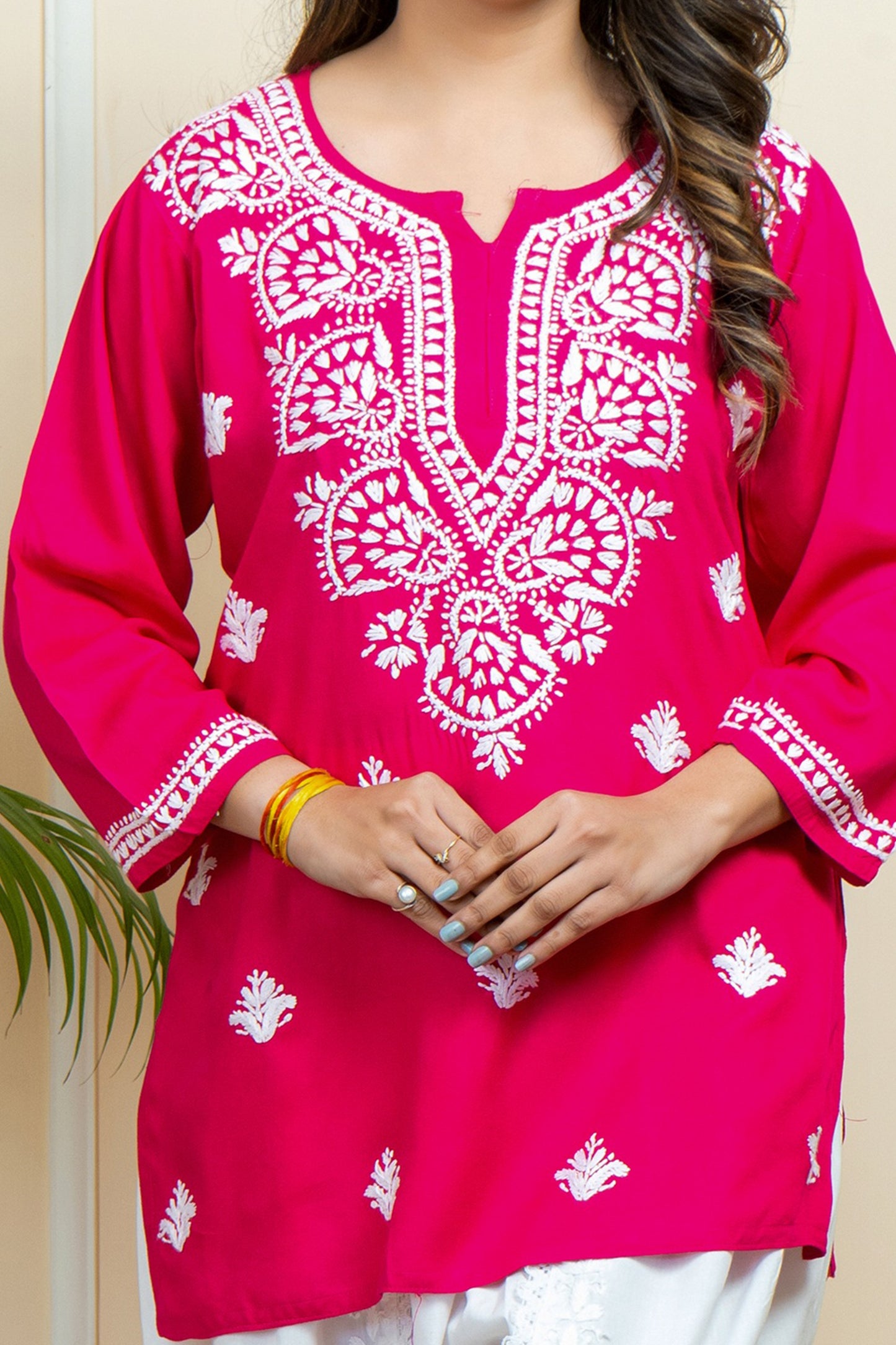 Lucknowi Chikankari Handwork Pink Rayon Short Kurti by ADR Chikan