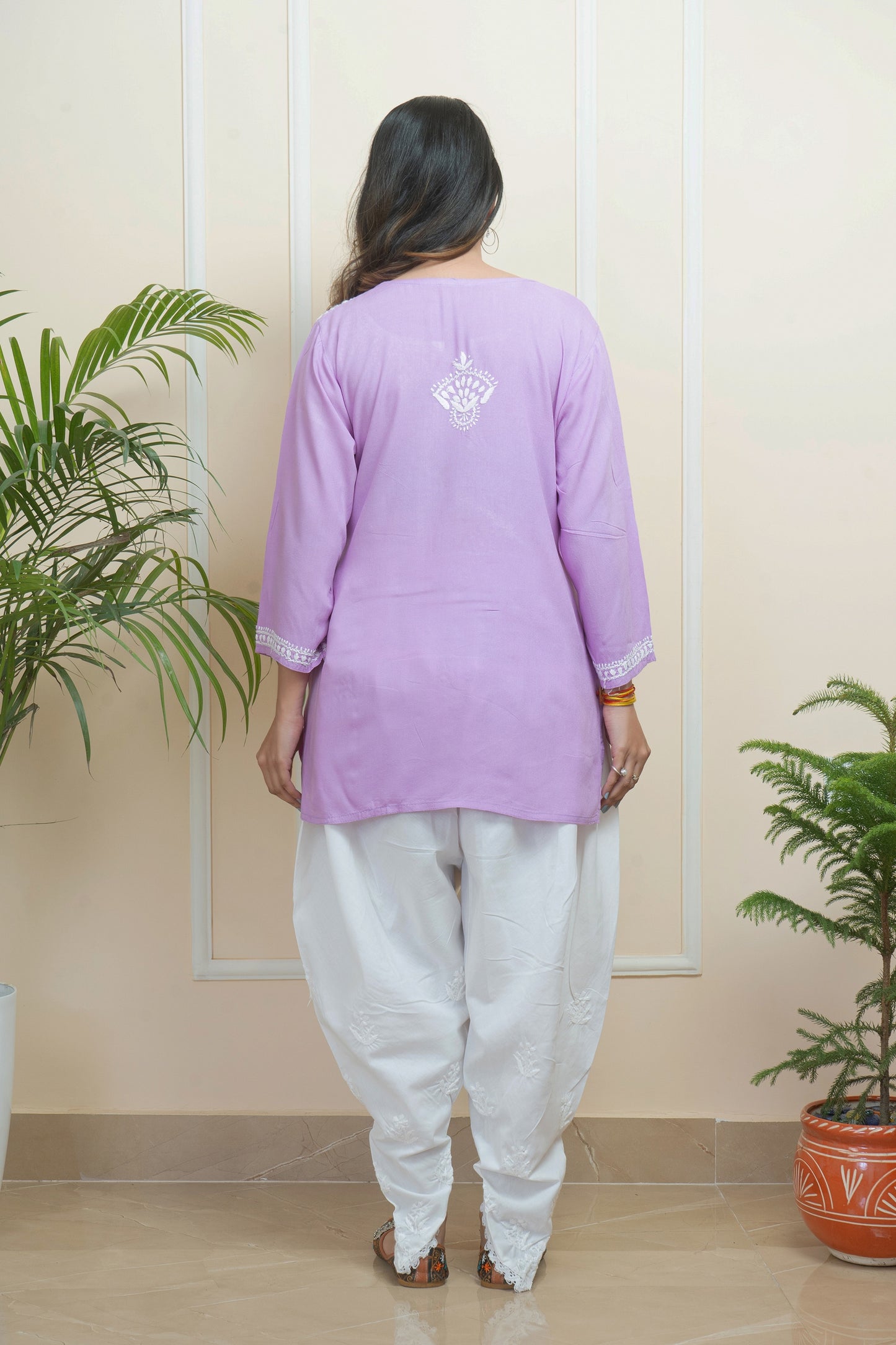 Lucknowi Chikankari Handwork Purple Rayon Short Kurti by ADR Chikan