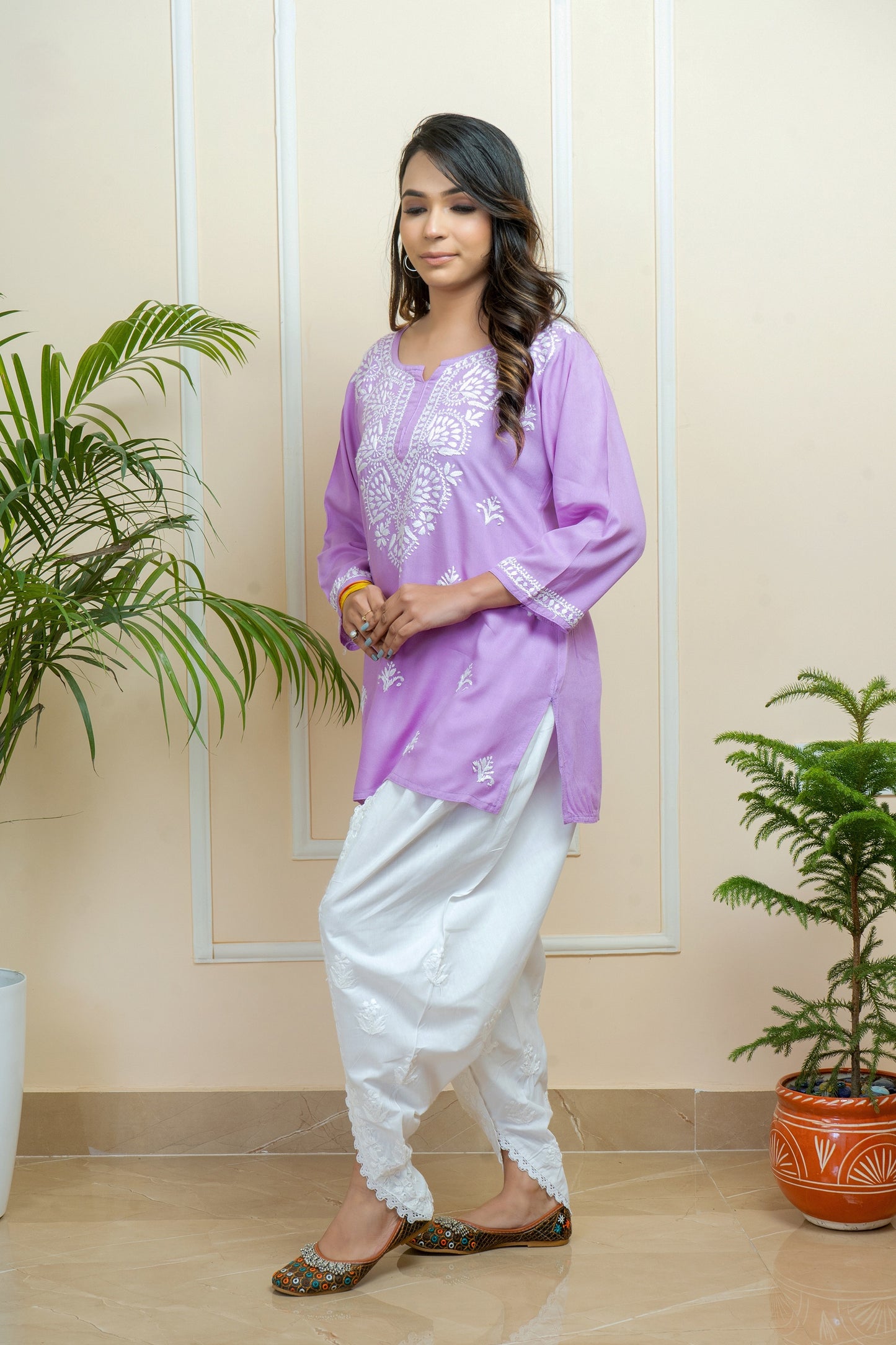 Lucknowi Chikankari Handwork Purple Rayon Short Kurti by ADR Chikan