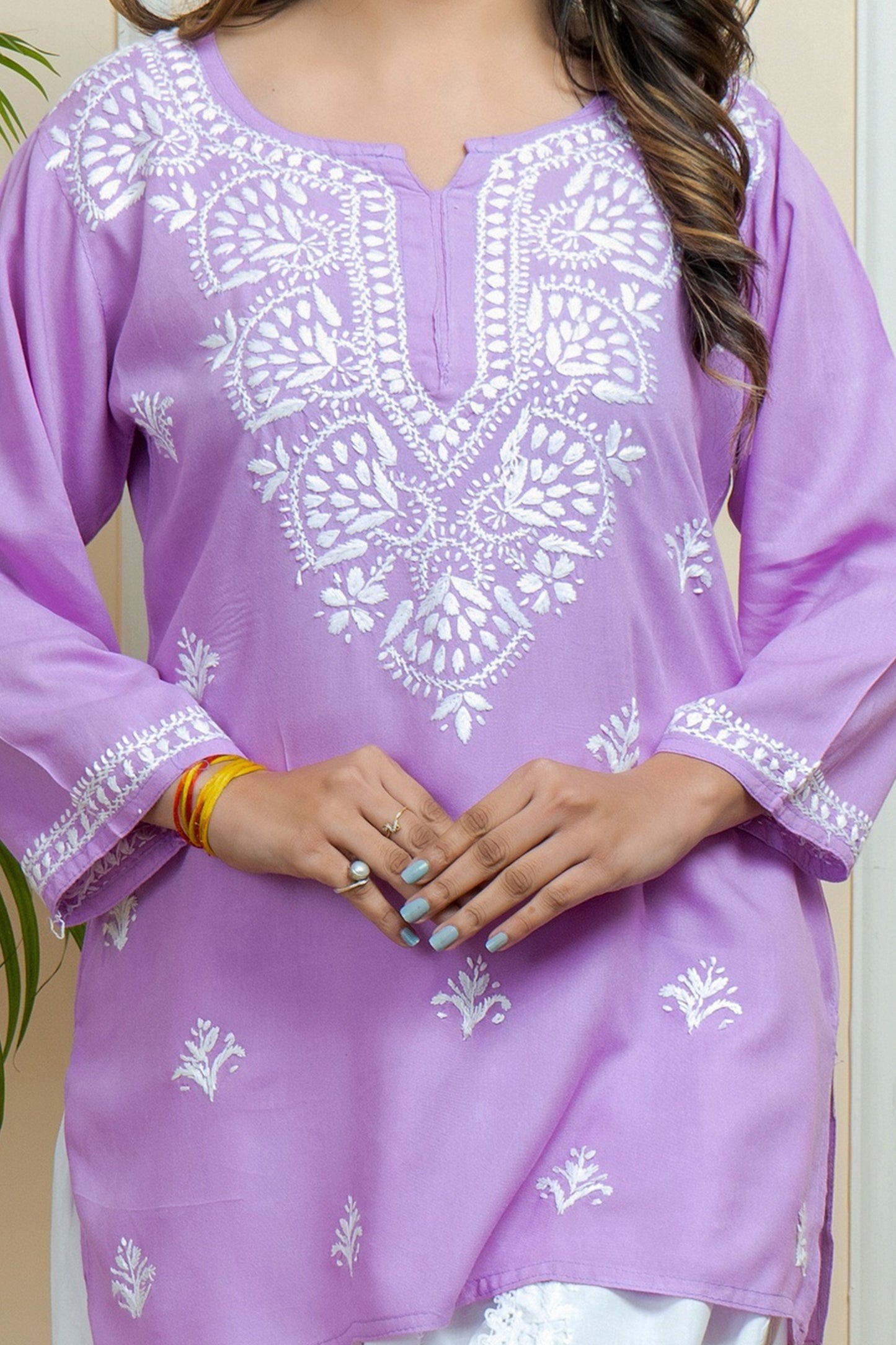 Lucknowi Chikankari Handwork Purple Rayon Short Kurti by ADR Chikan