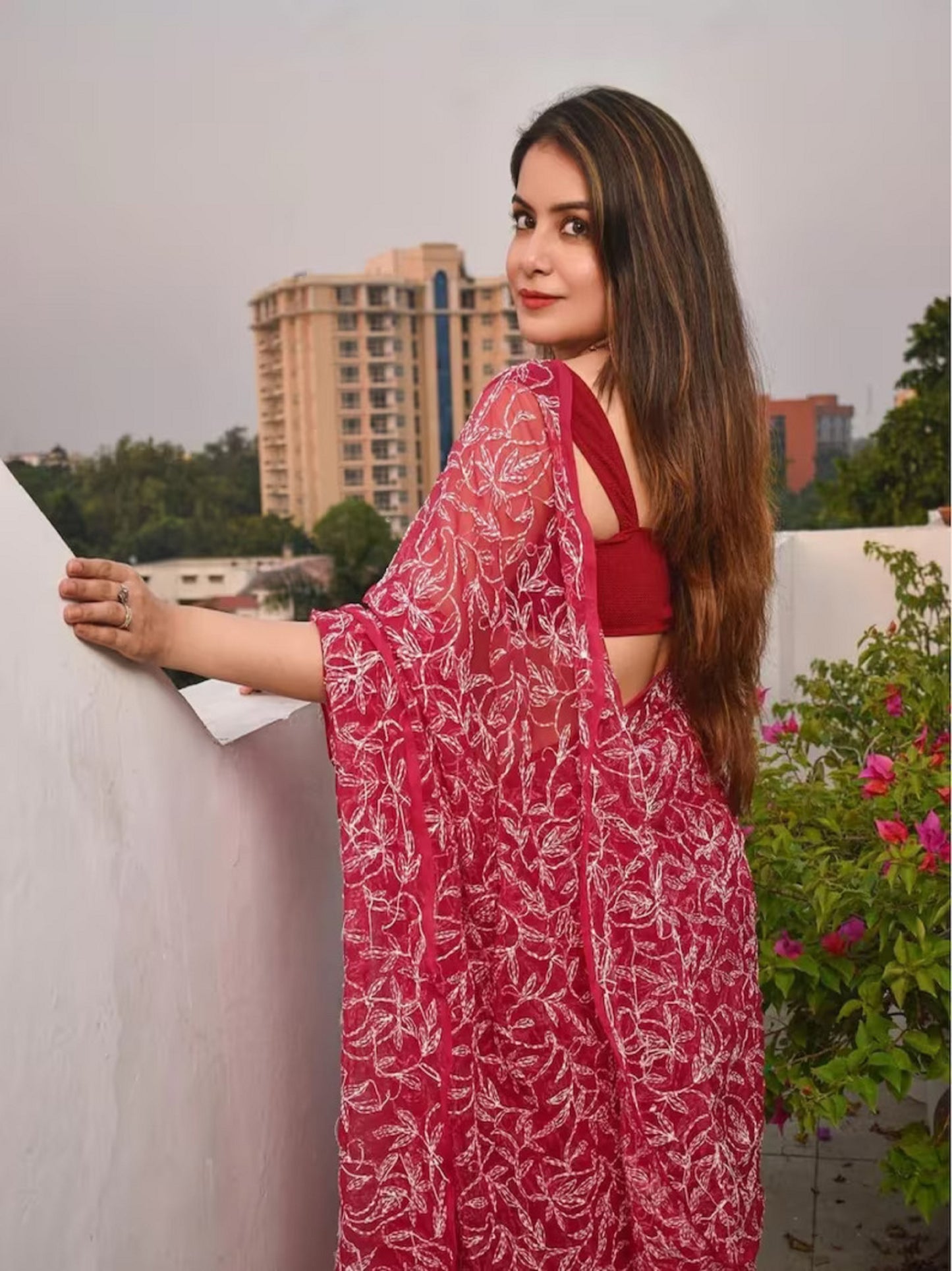 ADR Women's Lucknow Chikankari Tepchi Work Georgette Saree(Color Chart)