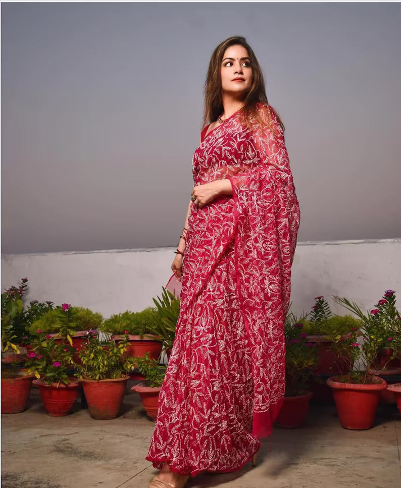 ADR Women's Lucknow Chikankari Tepchi Work Georgette Saree(Color Chart)