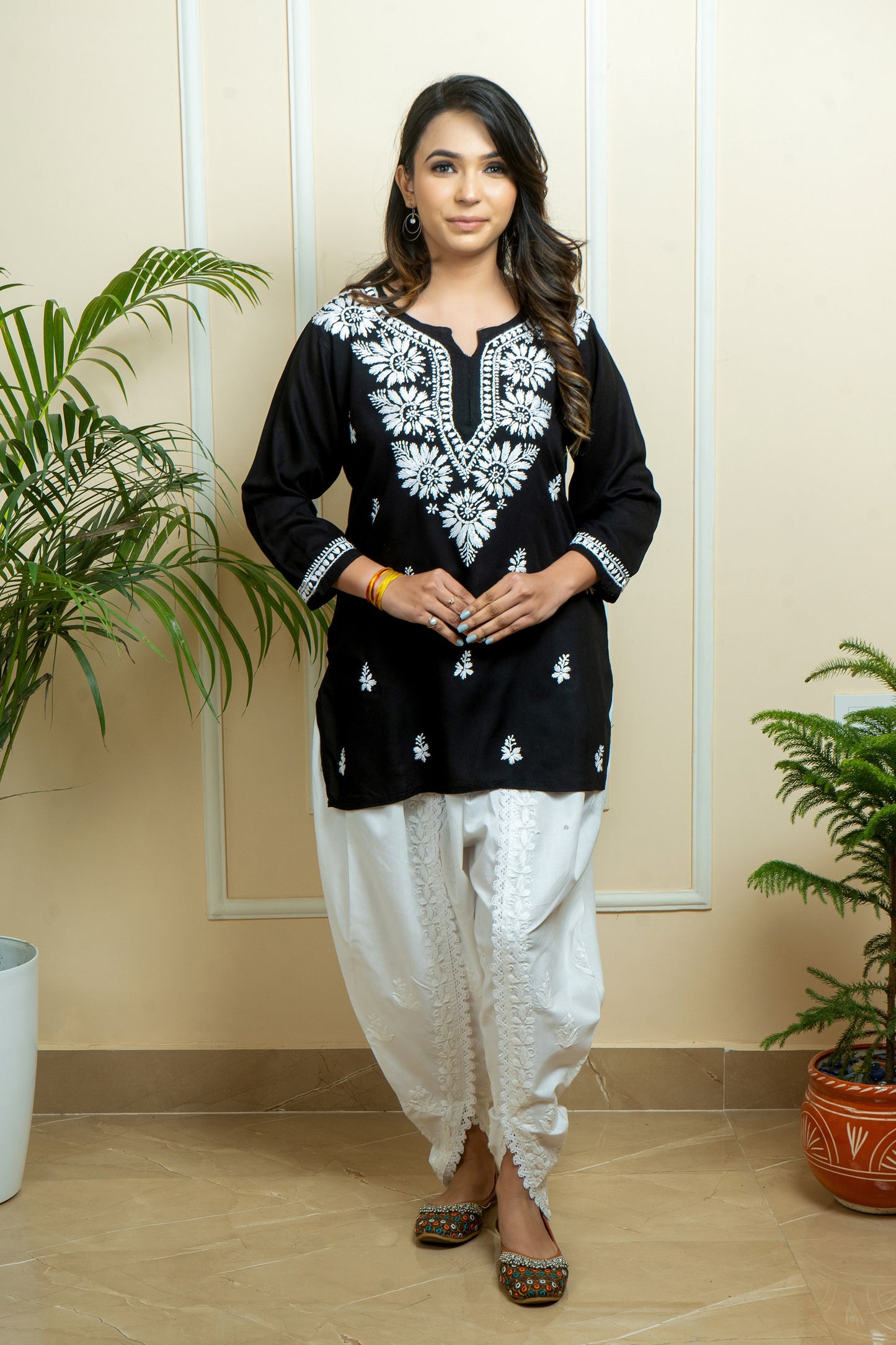 Lucknowi Chikankari Handwork Black Rayon Short Kurti by ADR Chikan