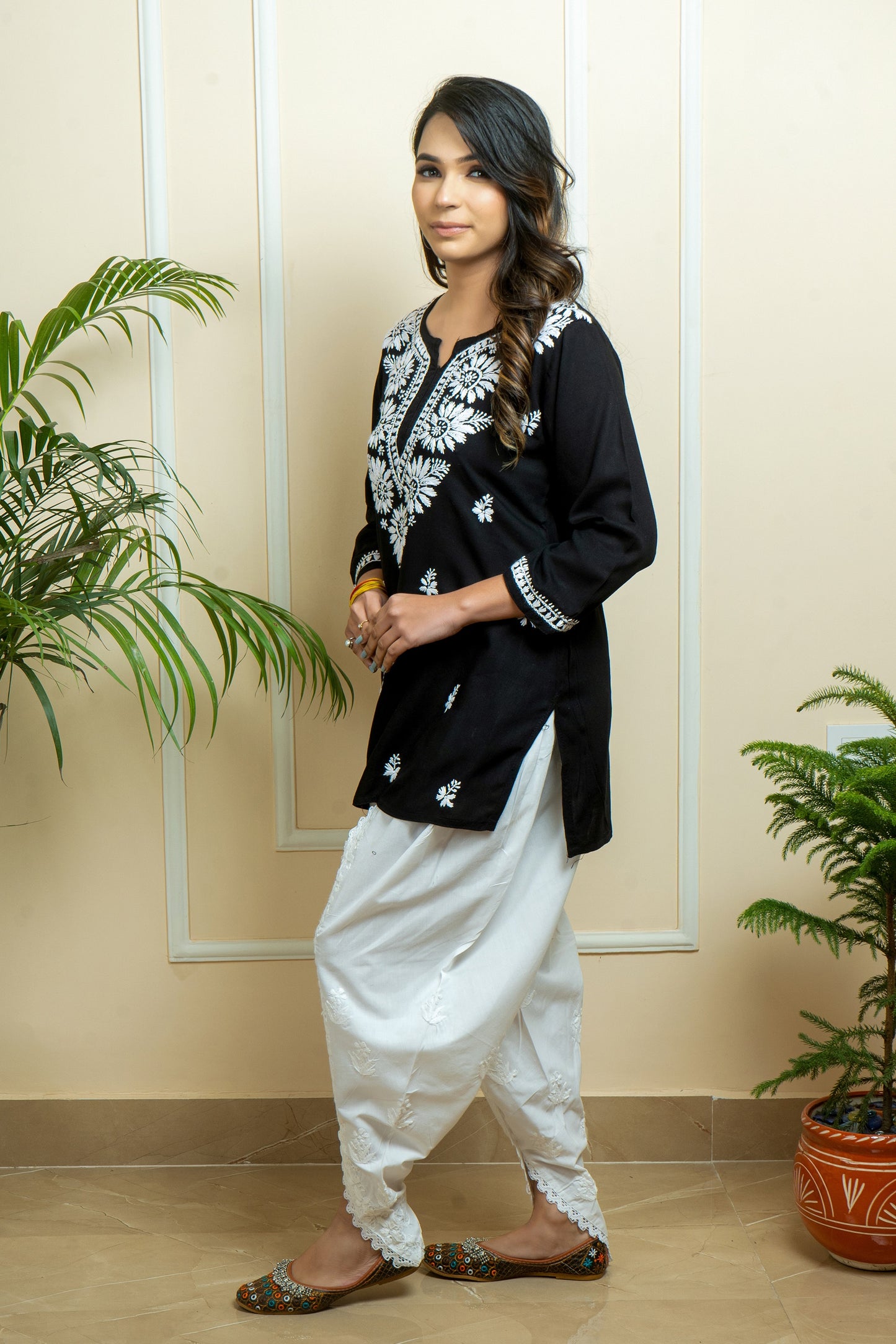 Lucknowi Chikankari Handwork Black Rayon Short Kurti by ADR Chikan