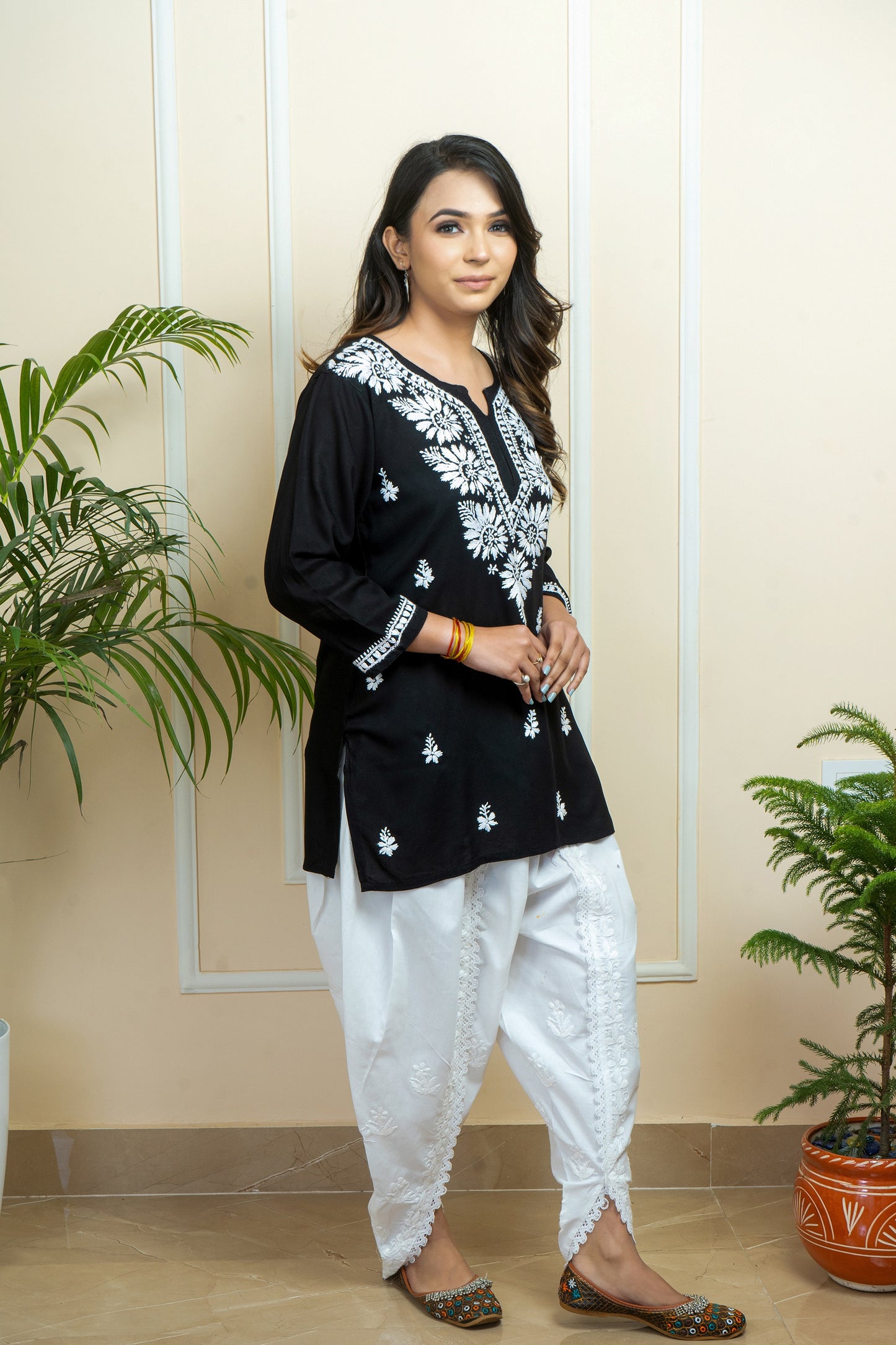 Lucknowi Chikankari Handwork Black Rayon Short Kurti by ADR Chikan
