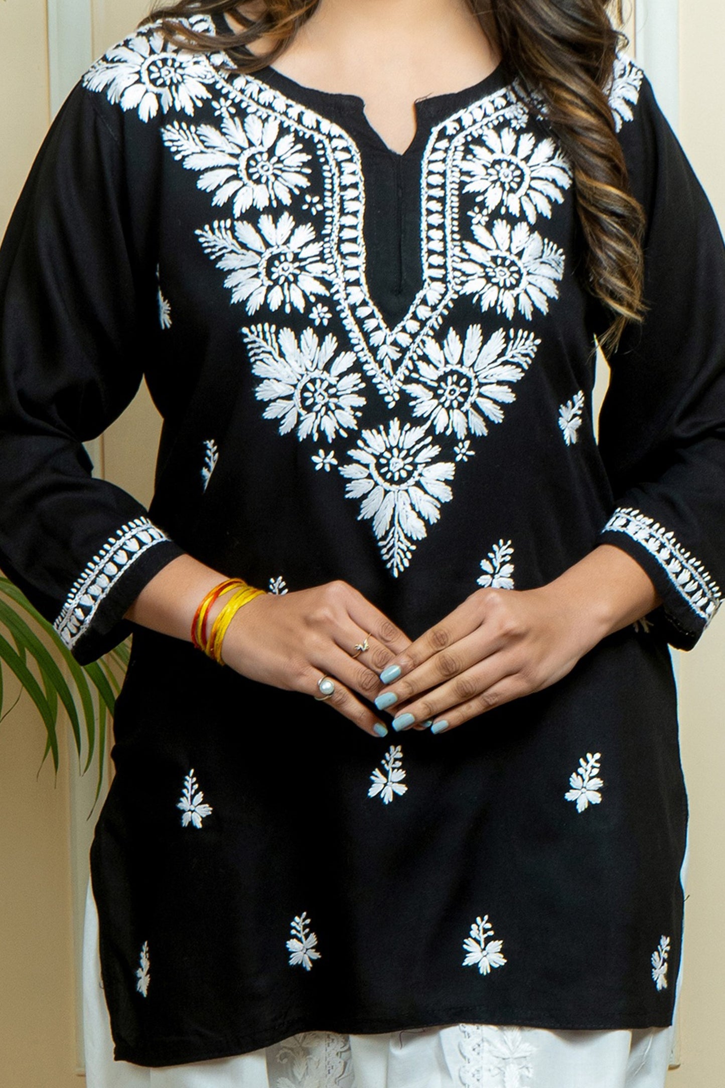Lucknowi Chikankari Handwork Black Rayon Short Kurti by ADR Chikan