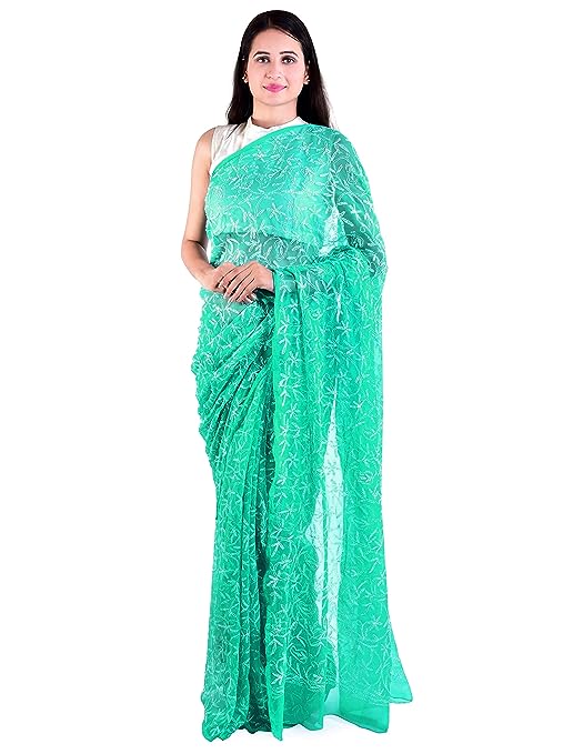 ADR Women's Lucknow Chikankari Tepchi Work Georgette Saree(Color Chart)