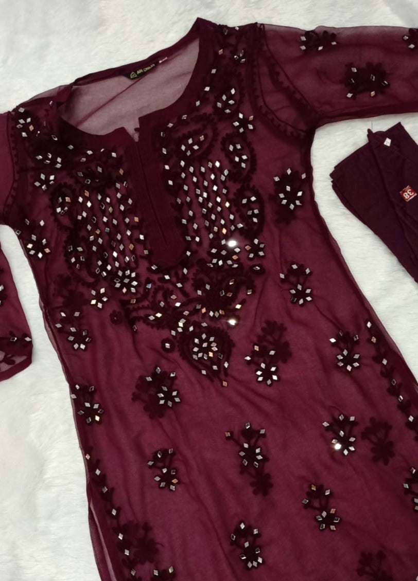 Priyanka Real Mirror work Aari Chikankari Wine Long Kurta with Matching camisole (Inner)