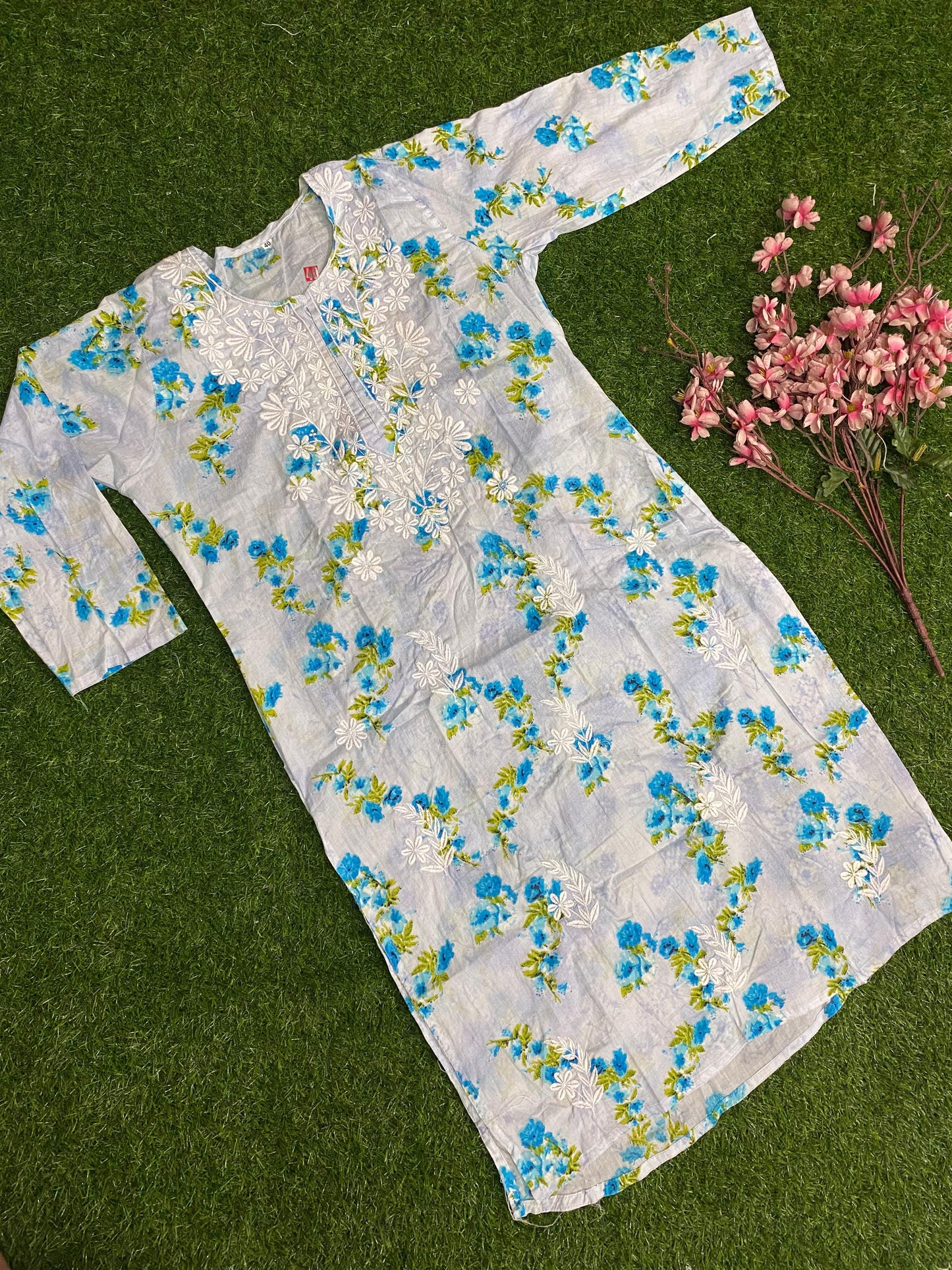 Aliya Lucknowi Chikankari Embroidery Printed Mul Mul Cotton Long Kurta(Color Chart)