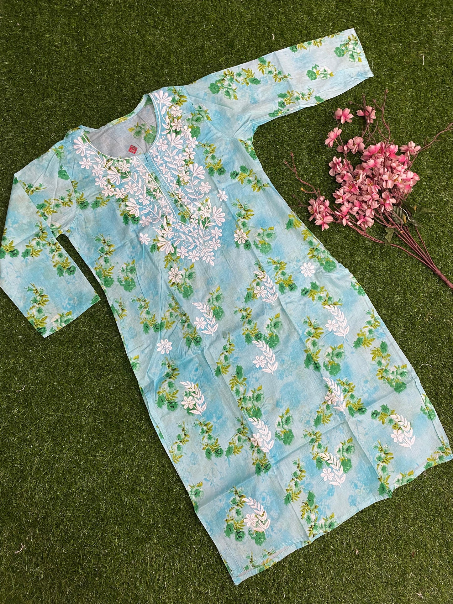 Aliya Lucknowi Chikankari Embroidery Printed Mul Mul Cotton Long Kurta(Color Chart)