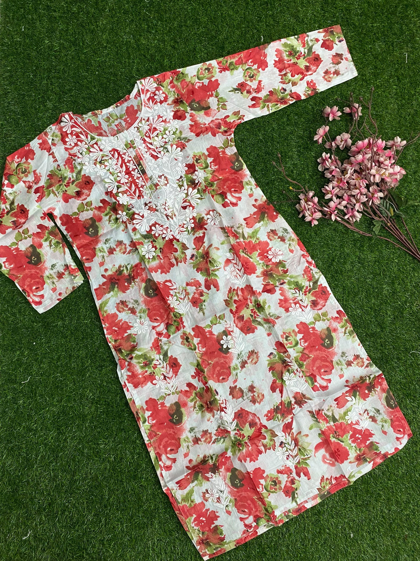 Aliya Lucknowi Chikankari Embroidery Printed Mul Mul Cotton Long Kurta(Color Chart)