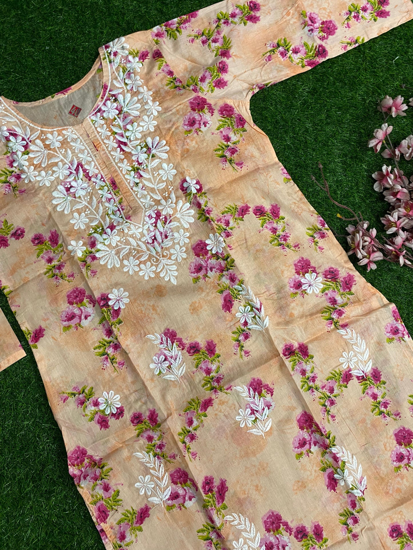 Aliya Lucknowi Chikankari Embroidery Printed Mul Mul Cotton Long Kurta(Color Chart)