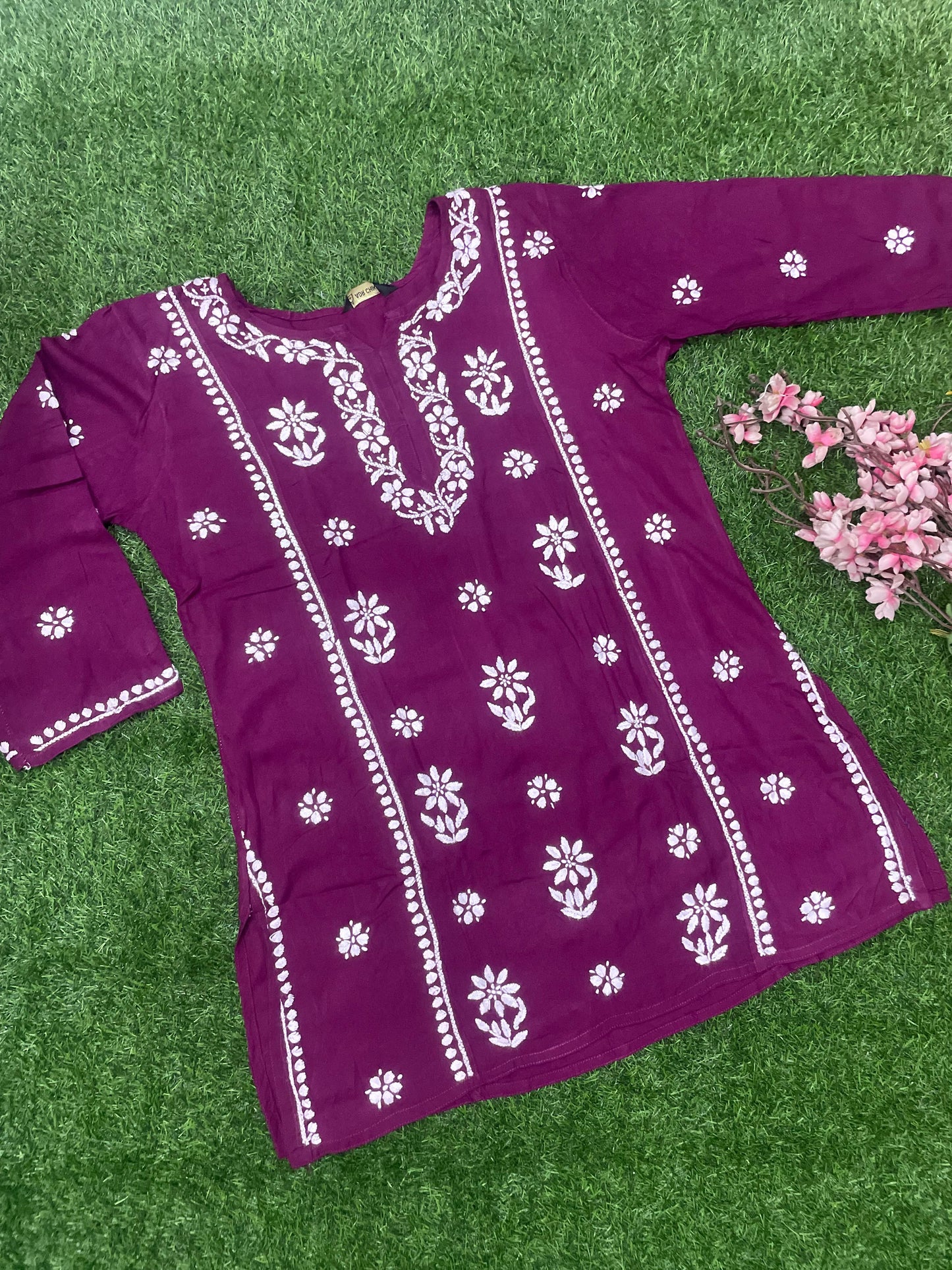 Mira Chikankar Rayon Handwork Straight Short Kurti.