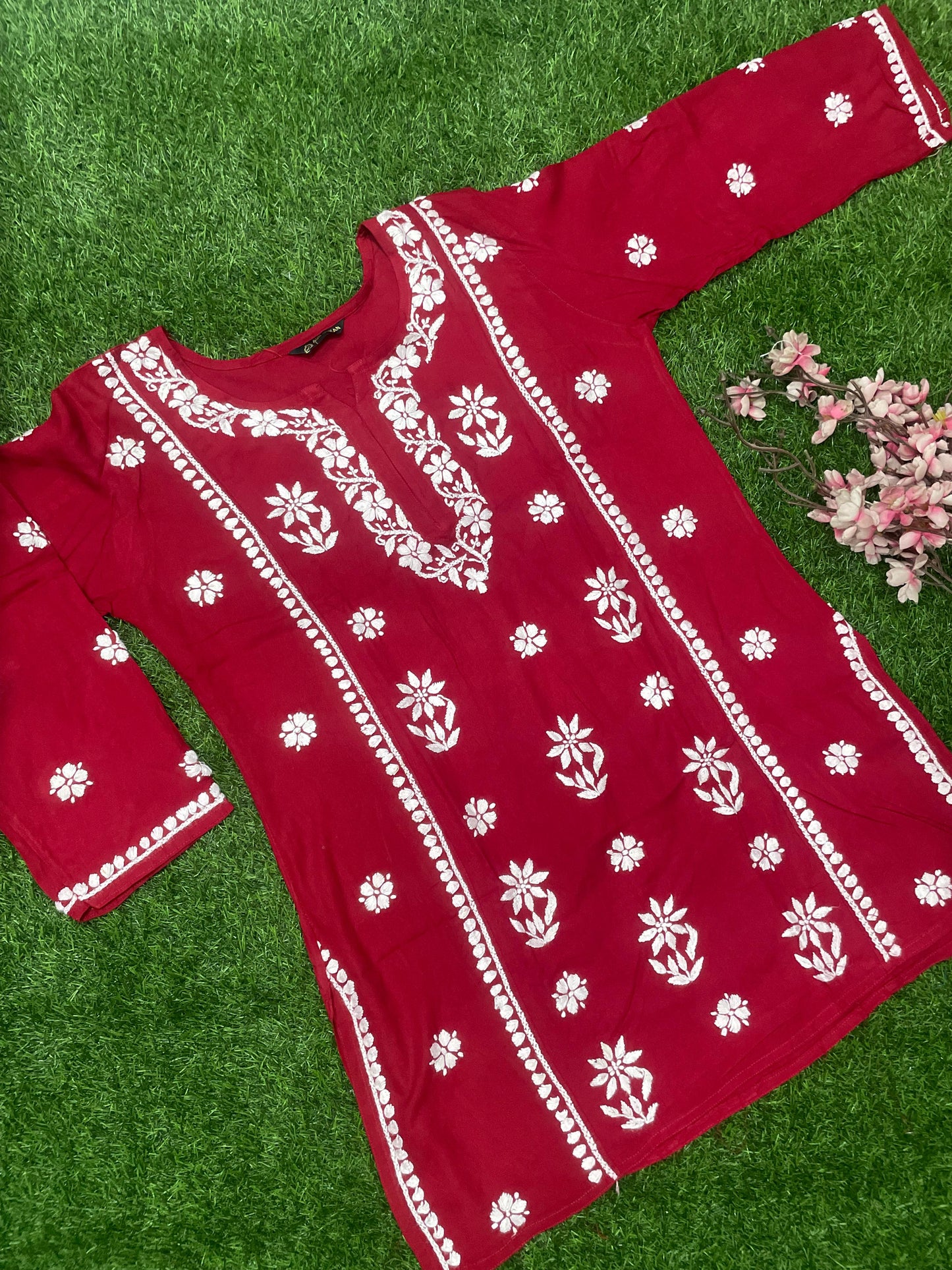 Mira Chikankar Rayon Handwork Straight Short Kurti.