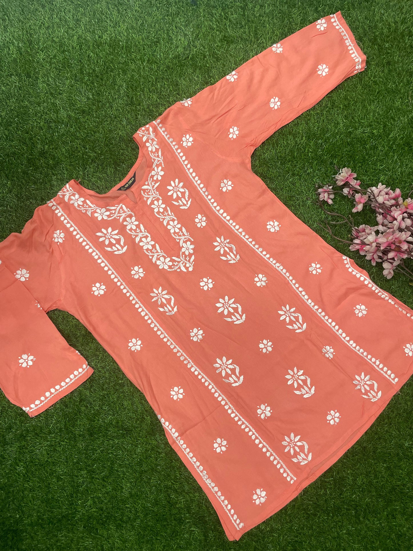 Mira Chikankar Rayon Handwork Straight Short Kurti.