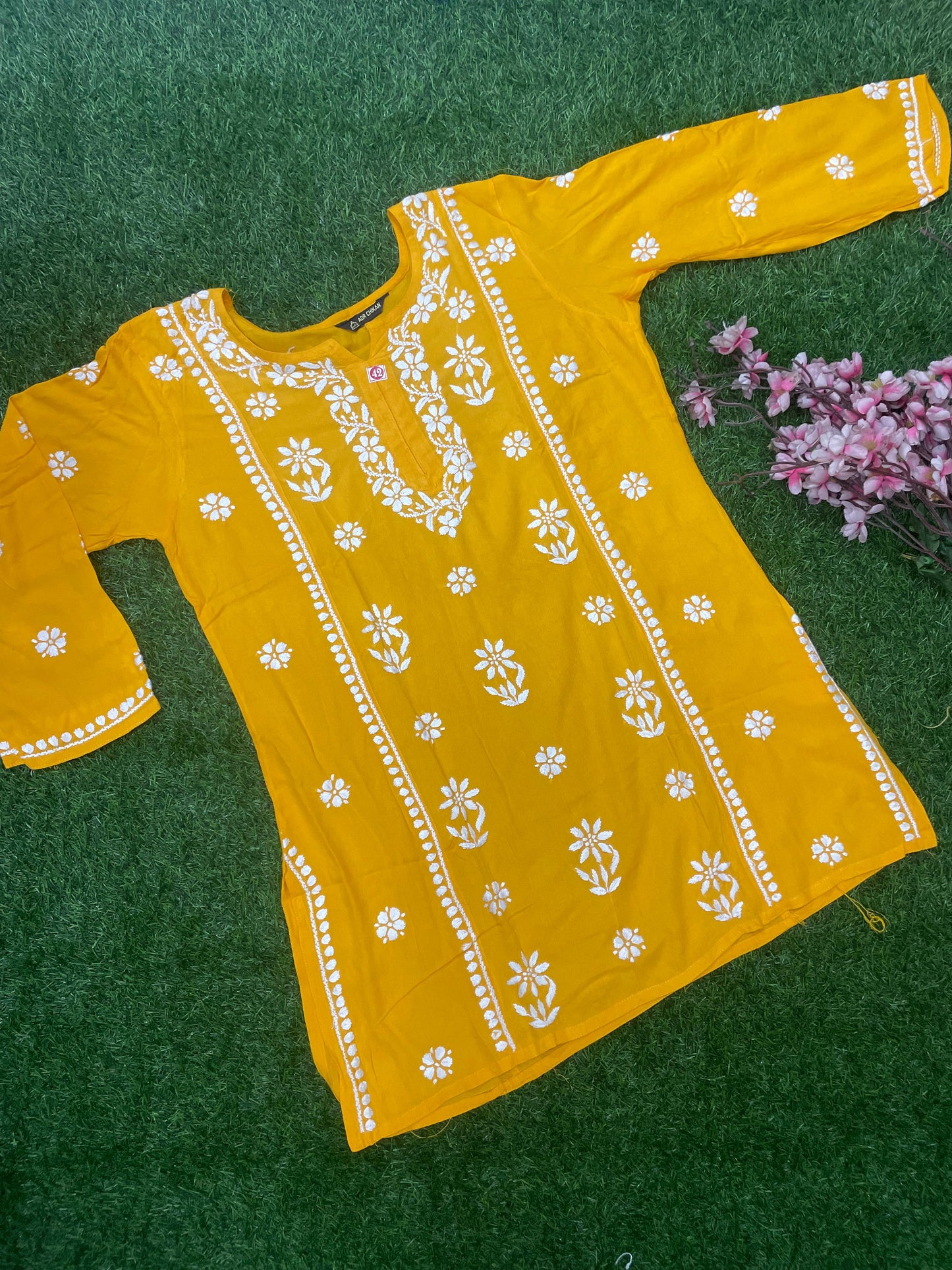 Mira Chikankar Rayon Handwork Straight Short Kurti.