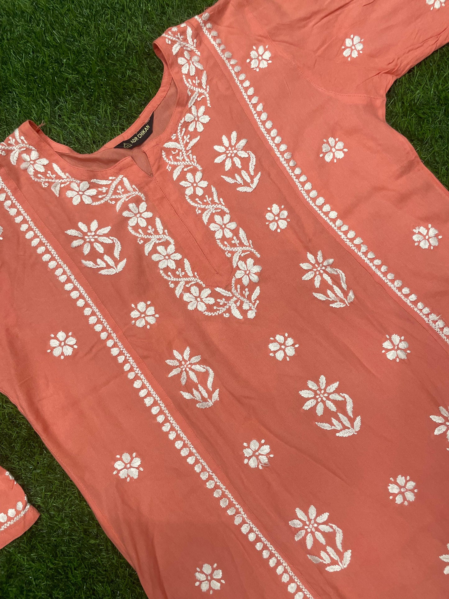 Mira Chikankar Rayon Handwork Straight Short Kurti.