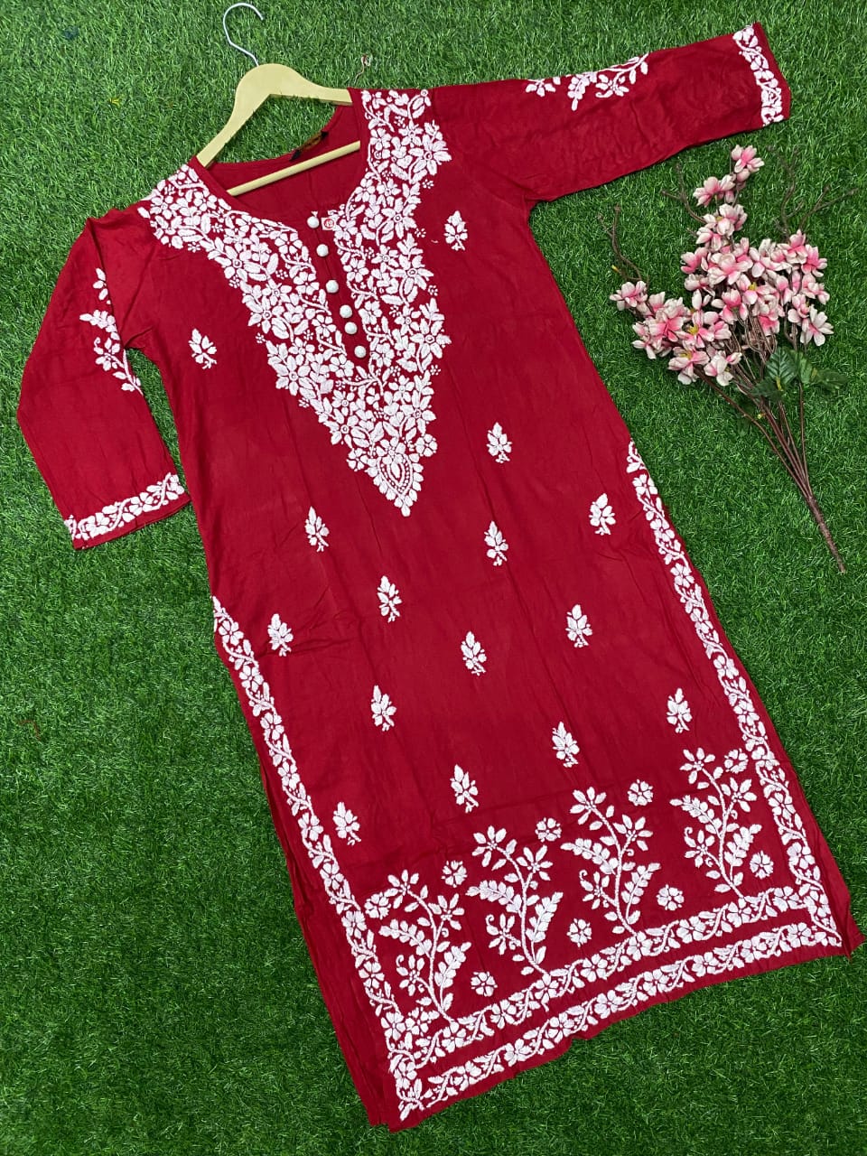 "ADR CHIKAN Celebrity Collection Lucknowi Chikankari Ghaspati Handwork with Handmade Quresia Buttons Modal Kurti (Color Chart Available)"
