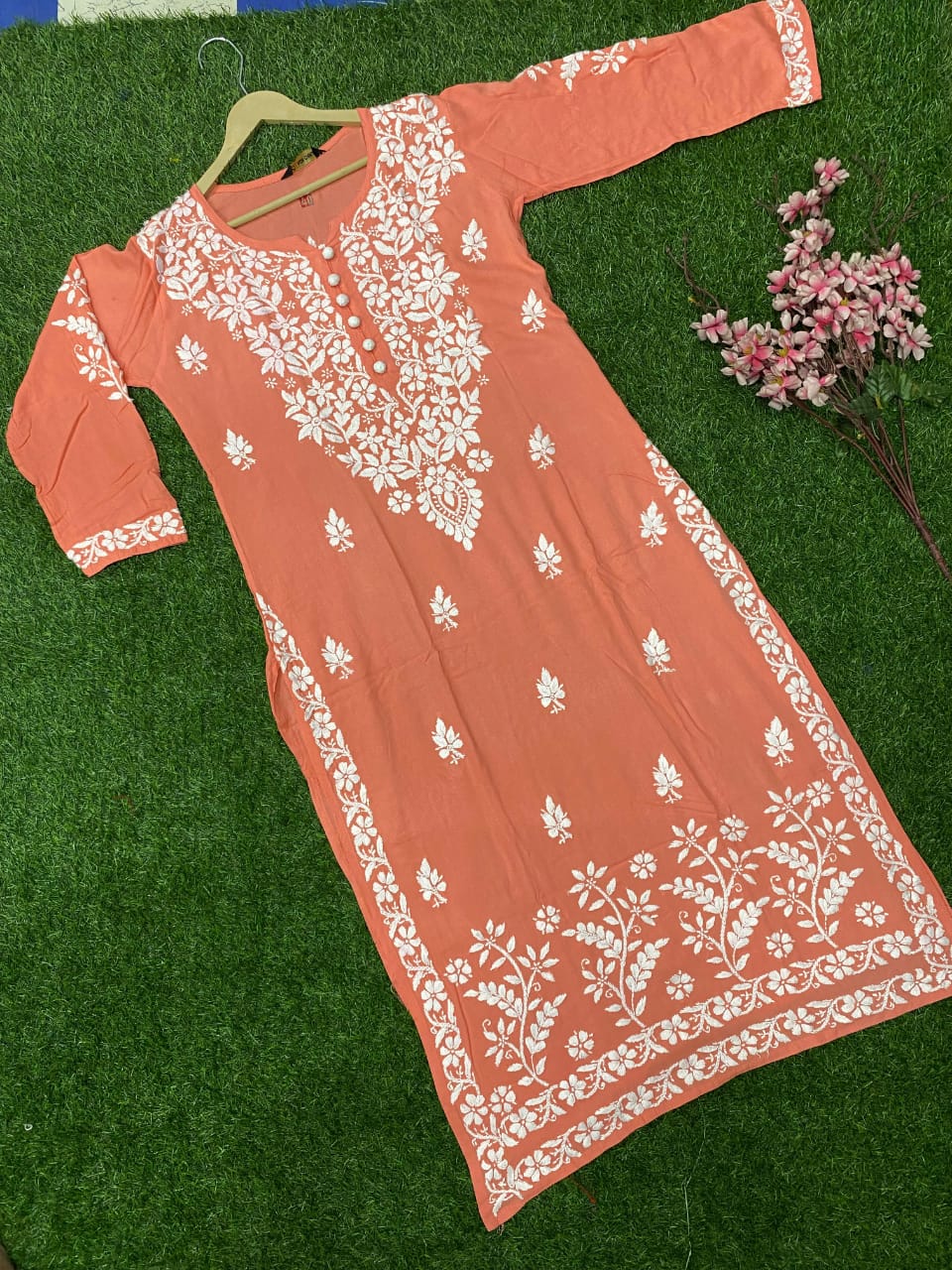 "ADR CHIKAN Celebrity Collection Lucknowi Chikankari Ghaspati Handwork with Handmade Quresia Buttons Modal Kurti (Color Chart Available)"
