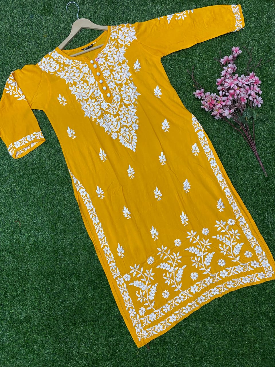 "ADR CHIKAN Celebrity Collection Lucknowi Chikankari Ghaspati Handwork with Handmade Quresia Buttons Modal Kurti (Color Chart Available)"