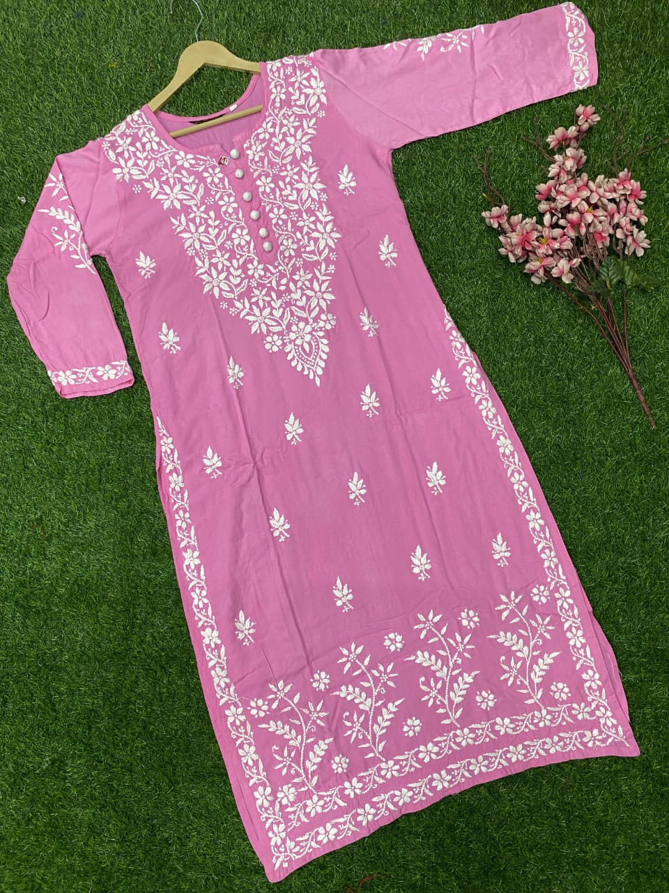 "ADR CHIKAN Celebrity Collection Lucknowi Chikankari Ghaspati Handwork with Handmade Quresia Buttons Modal Kurti (Color Chart Available)"