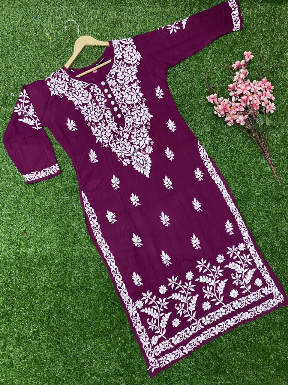 "ADR CHIKAN Celebrity Collection Lucknowi Chikankari Ghaspati Handwork with Handmade Quresia Buttons Modal Kurti (Color Chart Available)"