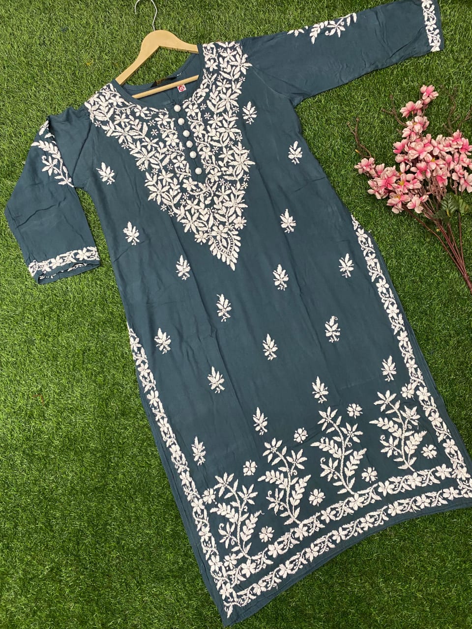 "ADR CHIKAN Celebrity Collection Lucknowi Chikankari Ghaspati Handwork with Handmade Quresia Buttons Modal Kurti (Color Chart Available)"
