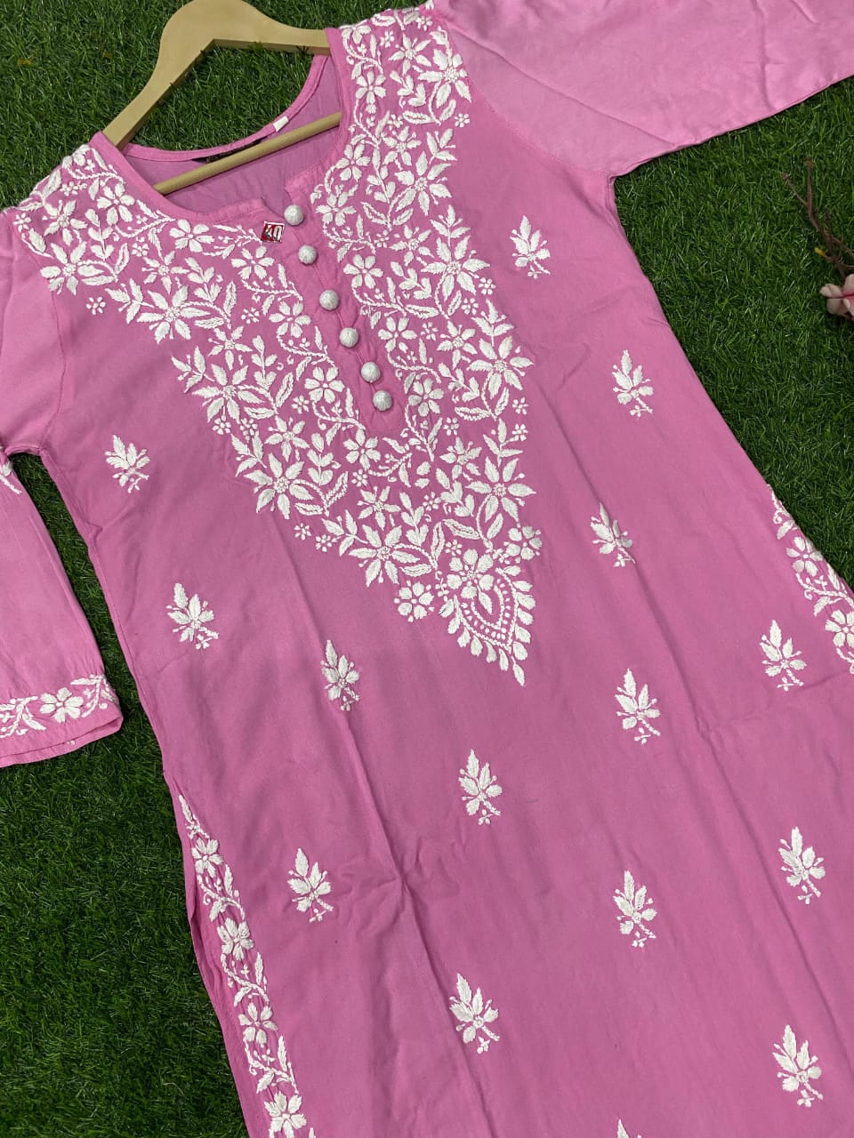 "ADR CHIKAN Celebrity Collection Lucknowi Chikankari Ghaspati Handwork with Handmade Quresia Buttons Modal Kurti (Color Chart Available)"