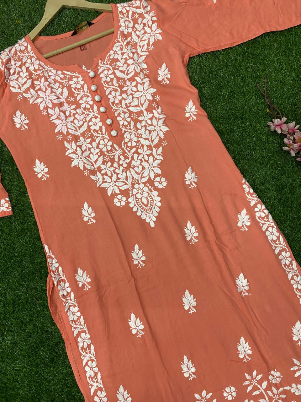 "ADR CHIKAN Celebrity Collection Lucknowi Chikankari Ghaspati Handwork with Handmade Quresia Buttons Modal Kurti (Color Chart Available)"