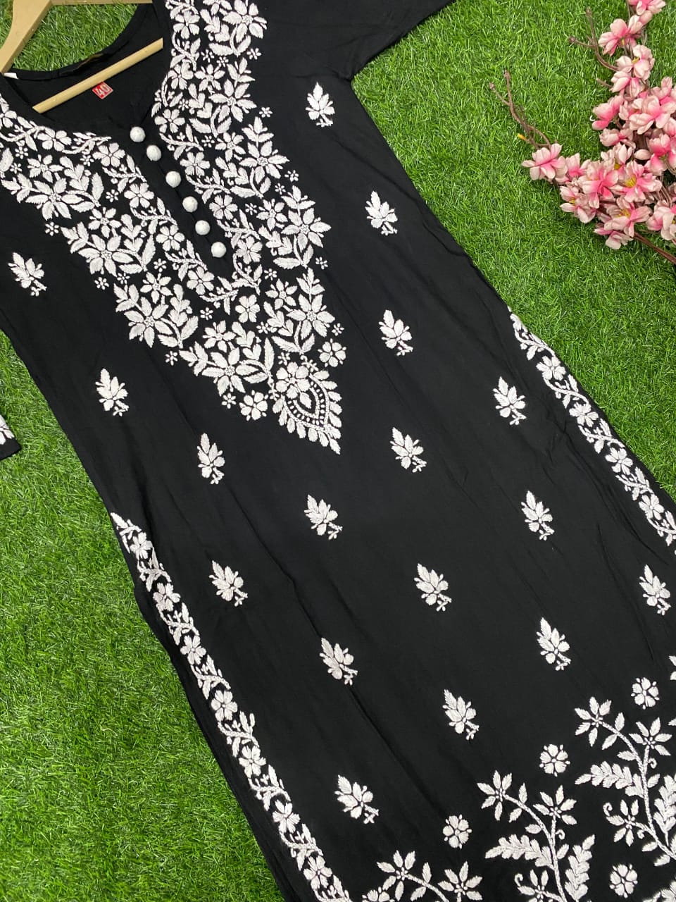 "ADR CHIKAN Celebrity Collection Lucknowi Chikankari Ghaspati Handwork with Handmade Quresia Buttons Modal Kurti (Color Chart Available)"