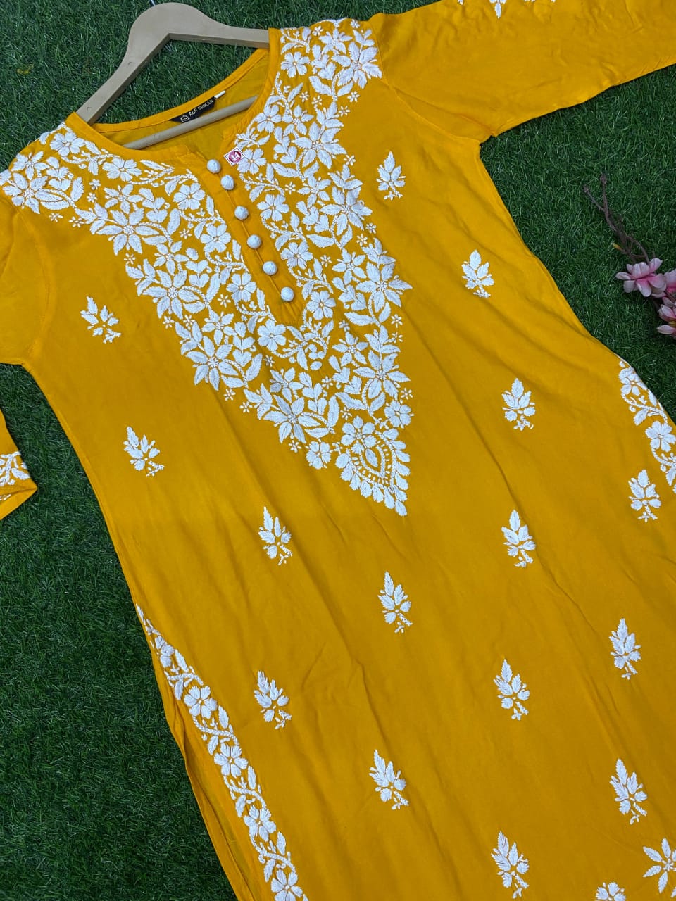"ADR CHIKAN Celebrity Collection Lucknowi Chikankari Ghaspati Handwork with Handmade Quresia Buttons Modal Kurti (Color Chart Available)"