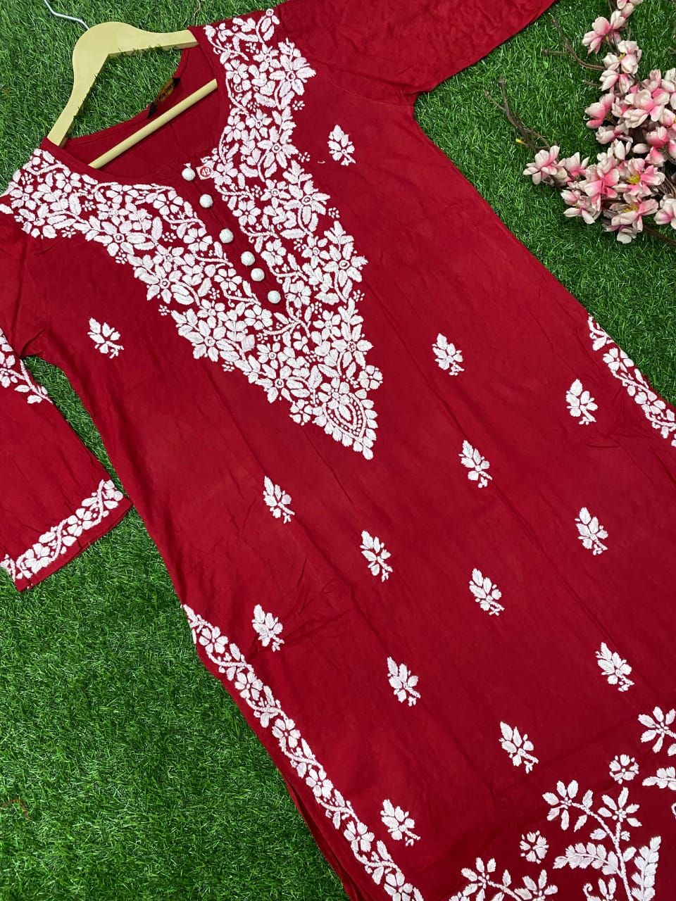 "ADR CHIKAN Celebrity Collection Lucknowi Chikankari Ghaspati Handwork with Handmade Quresia Buttons Modal Kurti (Color Chart Available)"